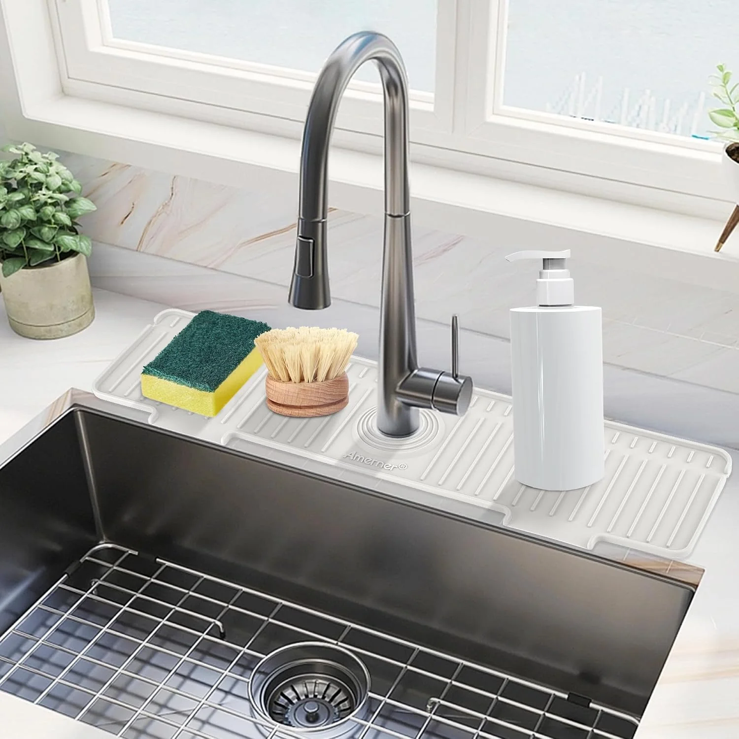 Minimalist Kitchen Sink Splash Guard 20IN Longer Silicone Faucet Guard amp Draining Mat Bathroom and Kitchen Sink Organizer Sink Faucet Mat Water Splash Guard Behind Faucet Accessories Gadget 20 x 5.5 White Safe