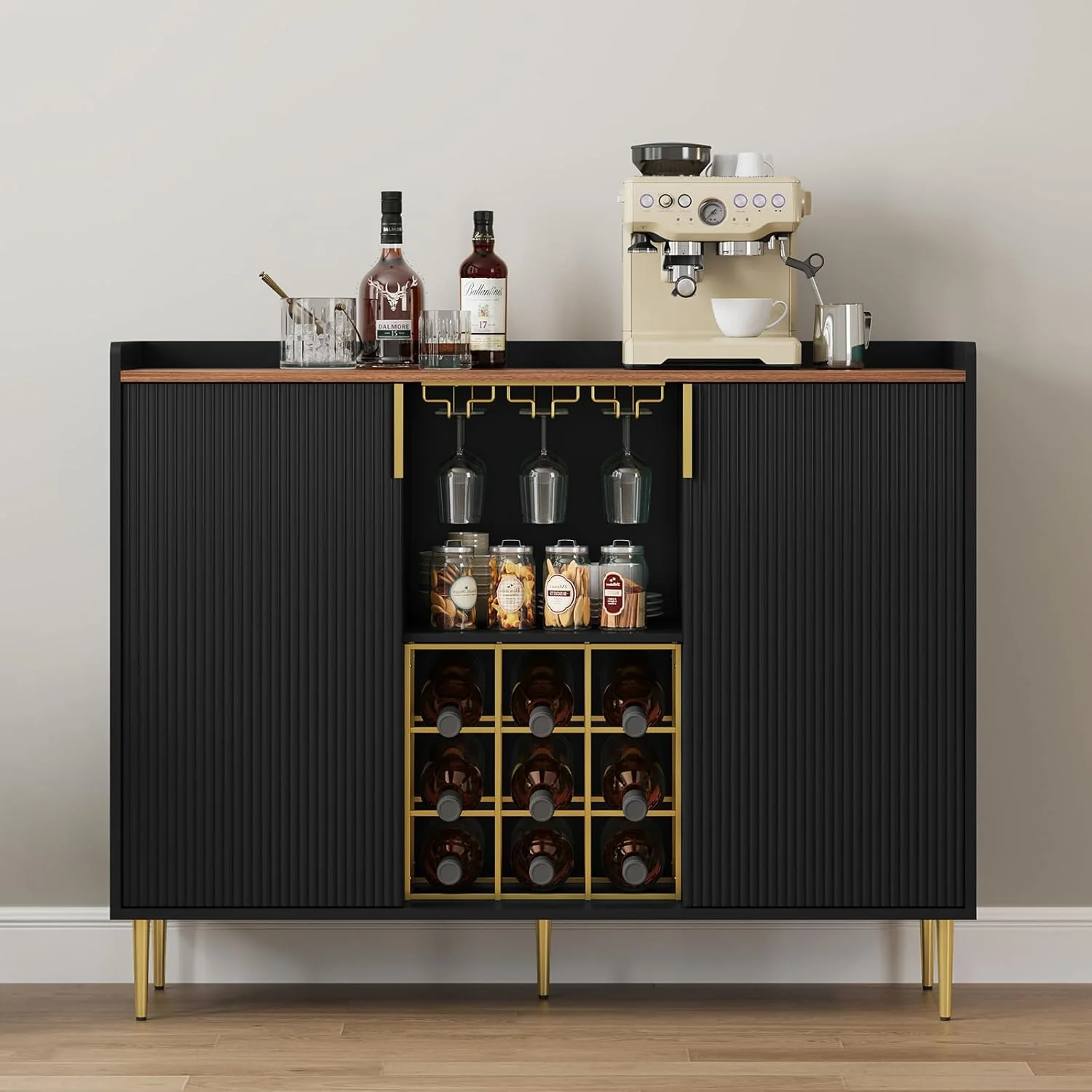 High-Grade Artpower 48 Wine Bar Cabinet with Fluted Texture Modern Buffet Sideboard with Wine Rack and Glass Holder Organic