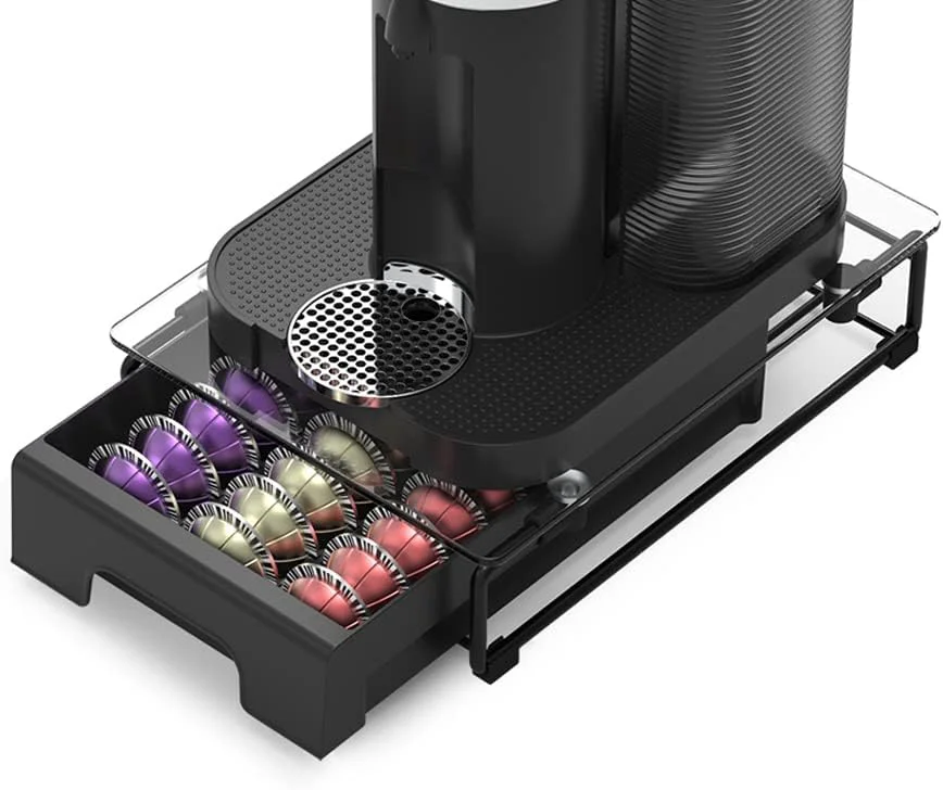 Easy-to-Use Everie Crystal Tempered Glass Organizer Drawer Holder Compatible with Nespresso Vertuo Capsules Compatible with 21 Big or 30 Small Vertuoline Pods Durable
