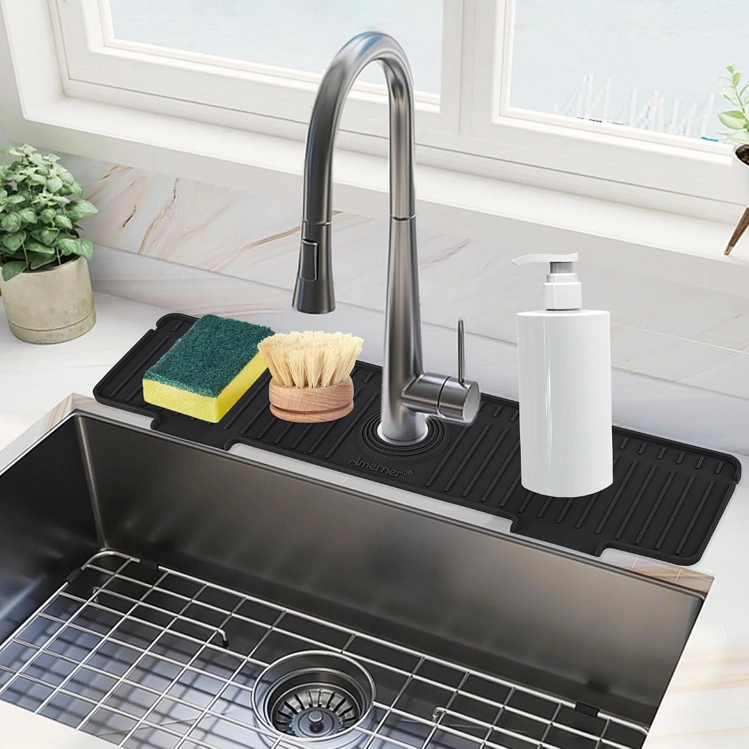 First-Class Kitchen Sink Splash Guard 20 inch Silicone Faucet Guard amp Draining Mat 10° Large Slope Sink Faucet Mat Splash Guard Bathroom Sink Organizer Kitchen Sink Accessories Gadgets 20 x 5.5 Black Lightweight