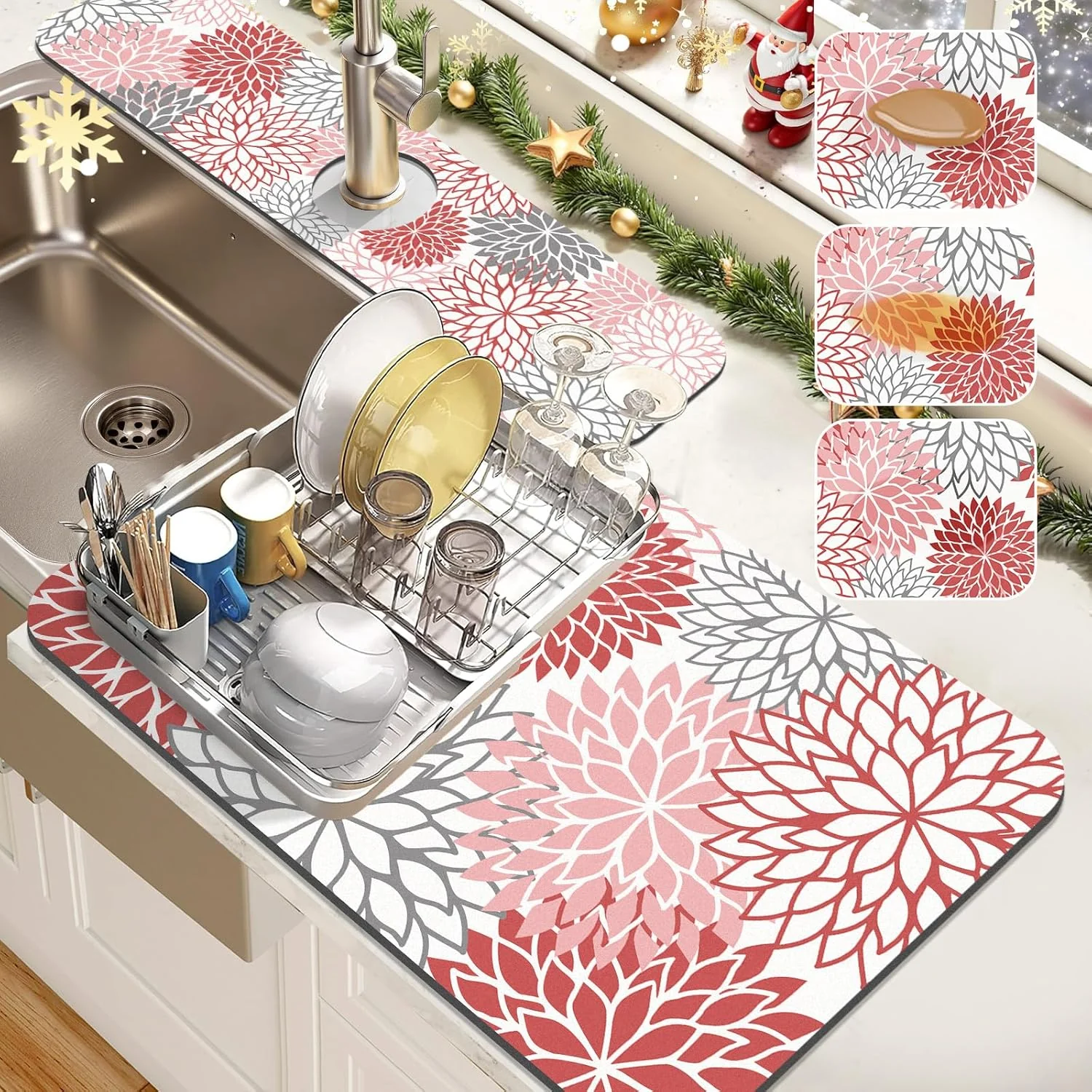 Relaxed Findosom 2PCS 16 x 24 Christmas Dish Drying Mat 24 x 5.5 Sink Splash Guard Super Absorbent Cuttable Dish Mat Drying Kitchen Mat with Red Artisan