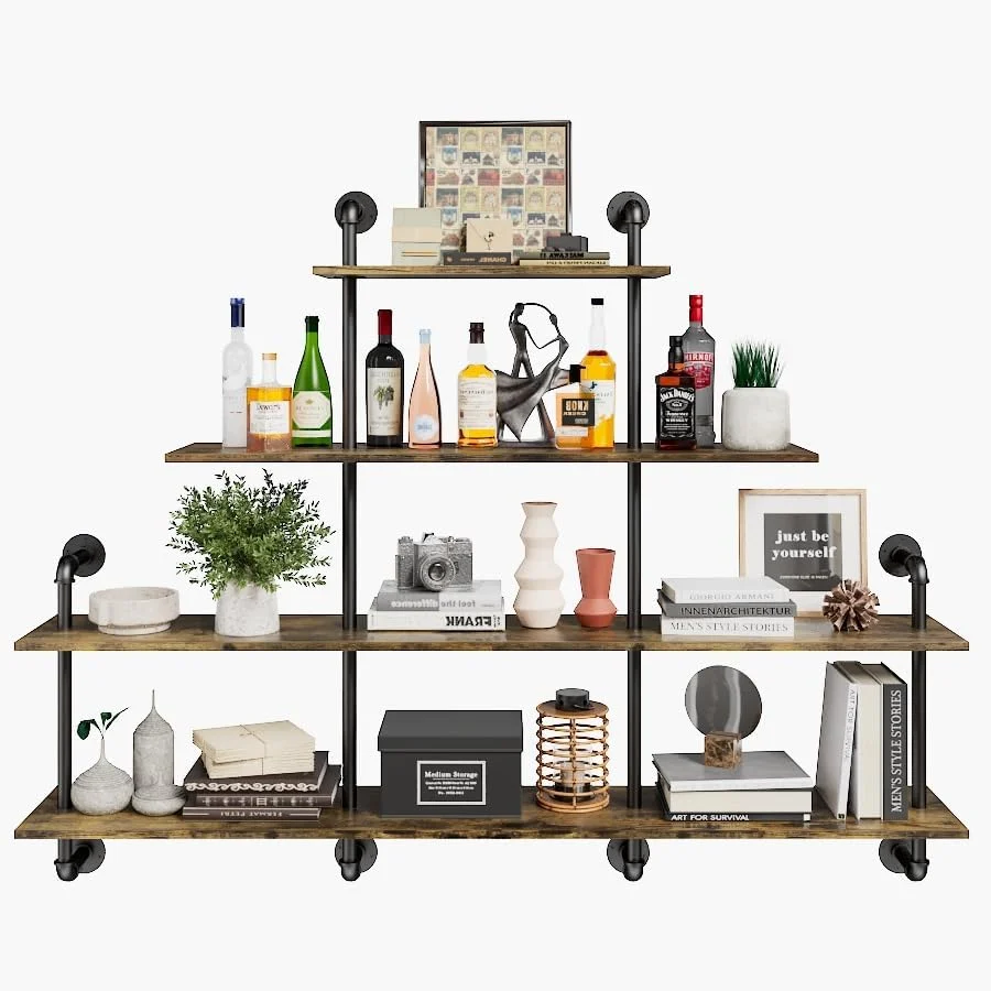 Practical 63 Industrial Pipe Shelving - 4 tier Rustic Solid Wood and Heavy Duty Metal Pipe Shelves for Wall Kitchen Shelves Wall Mounted Floating Bookshelf Unique