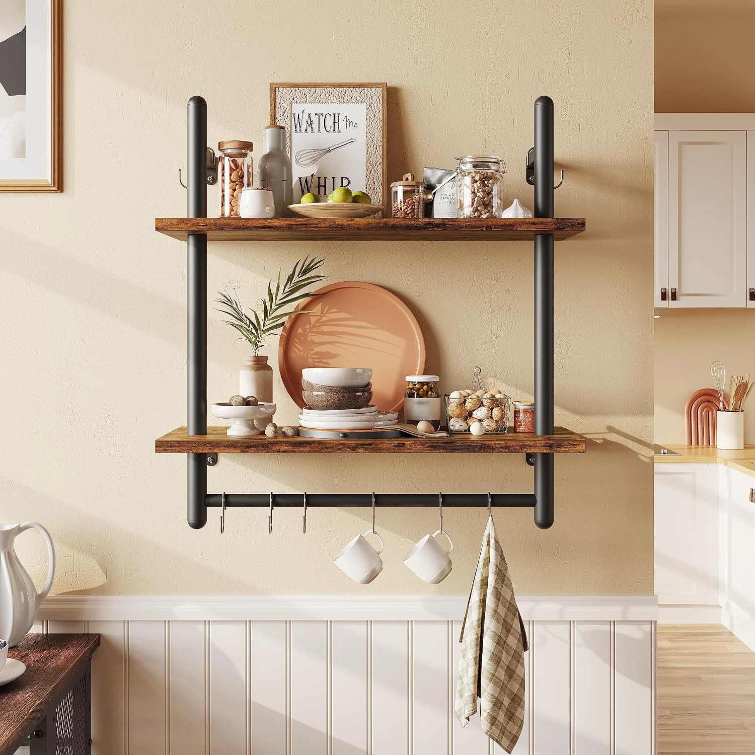Exclusive ier 24 Floating Kitchen Shelves Wall Mounted 2 Tier Coffee bar Shelves with 8 Hooks Industrial Wall Shelf for Kitchen Living Room Bedroom Rustic Brown Trendy