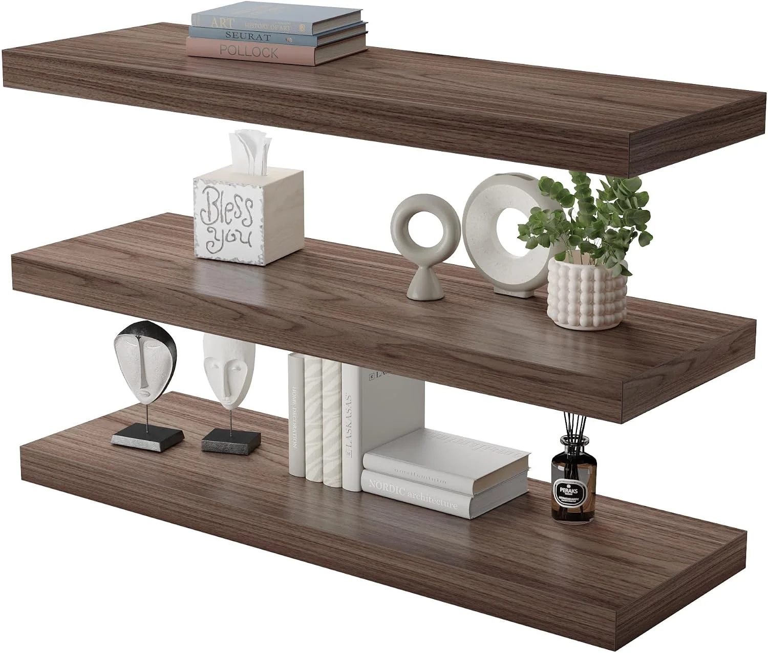Fine Floating Shelf Set of 3 Wall Shelf 24 in W x 12.75 in D x 2 in H Wooden Floating Wall Shelf with Invisible Brackets for Living Room Bedroom Bathroom Kitchen Storage and Decor Walnut Smart