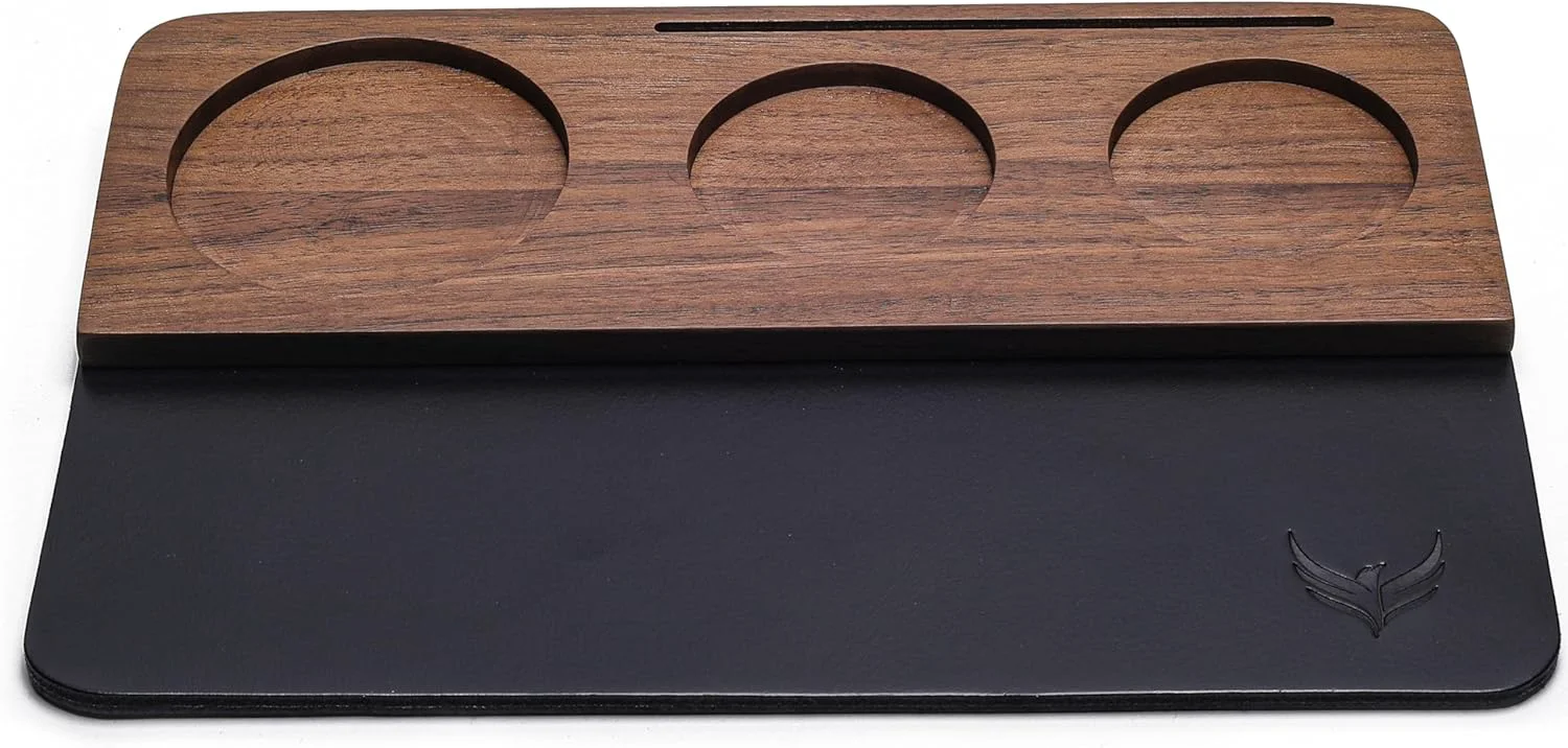 Detailed 58mm Tamping Mat for Counter Walnut Wood Leather Tamper Station with Multi-Slot Design Premium Espresso Machine Accessories Organizer