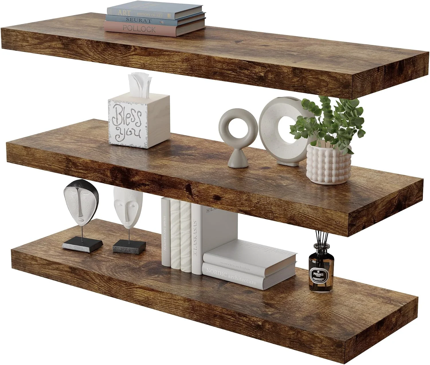 Expertly Made Floating Shelf Set of 3 Wall Shelf 30 in W x 12.75 in D x 2 in H Wooden Floating Wall Shelf with Invisible Brackets for Living Room Bedroom Bathroom Kitchen Storage and Decor Rustic Brown Flexible