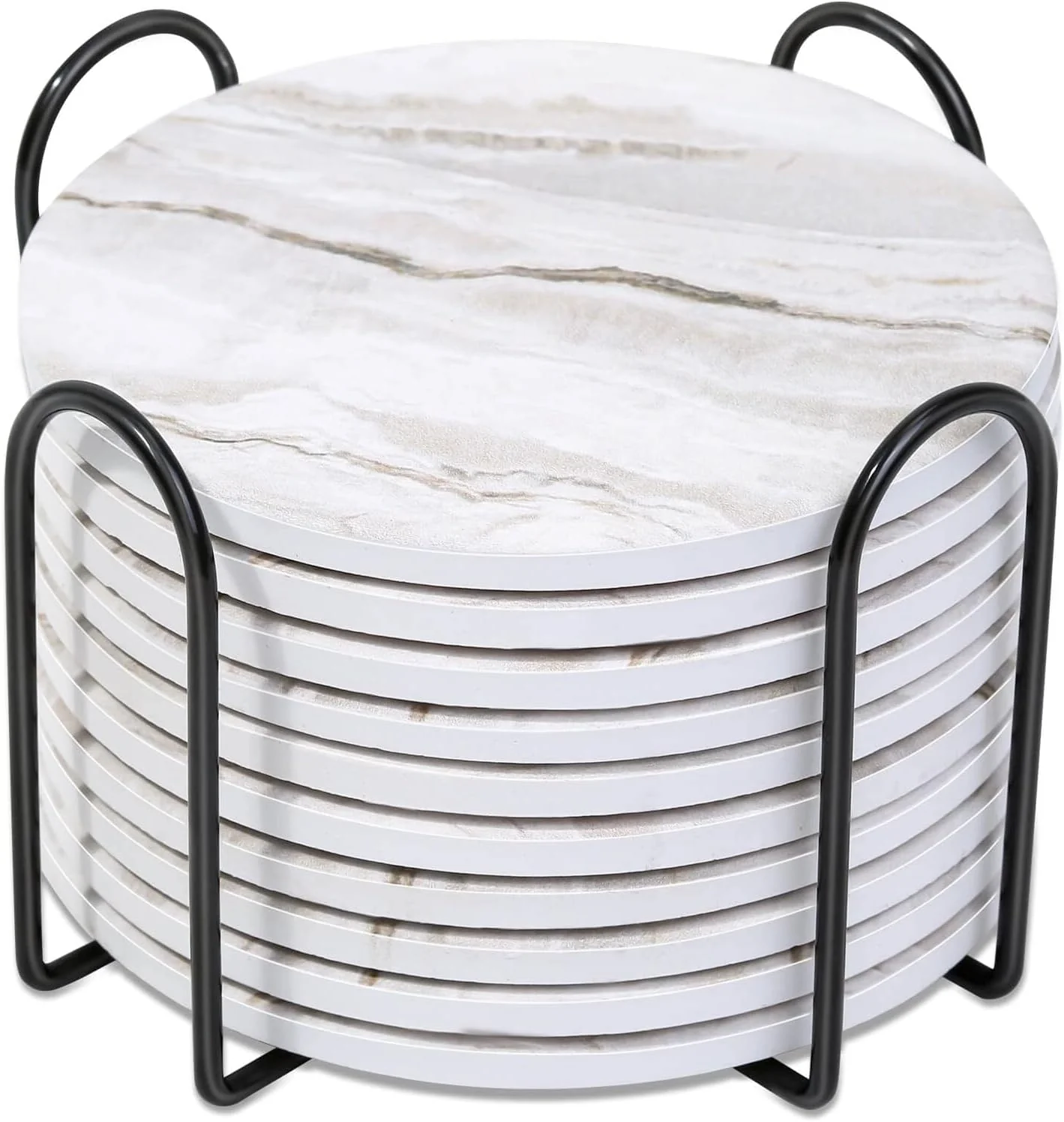 High-Grade Caffox Coasters Set of 10 Absorbent Drink Coasters with Holder Marble Style Ceramic Coaster for Wooden Table Home Decor 4 Inches Griege Fashionable
