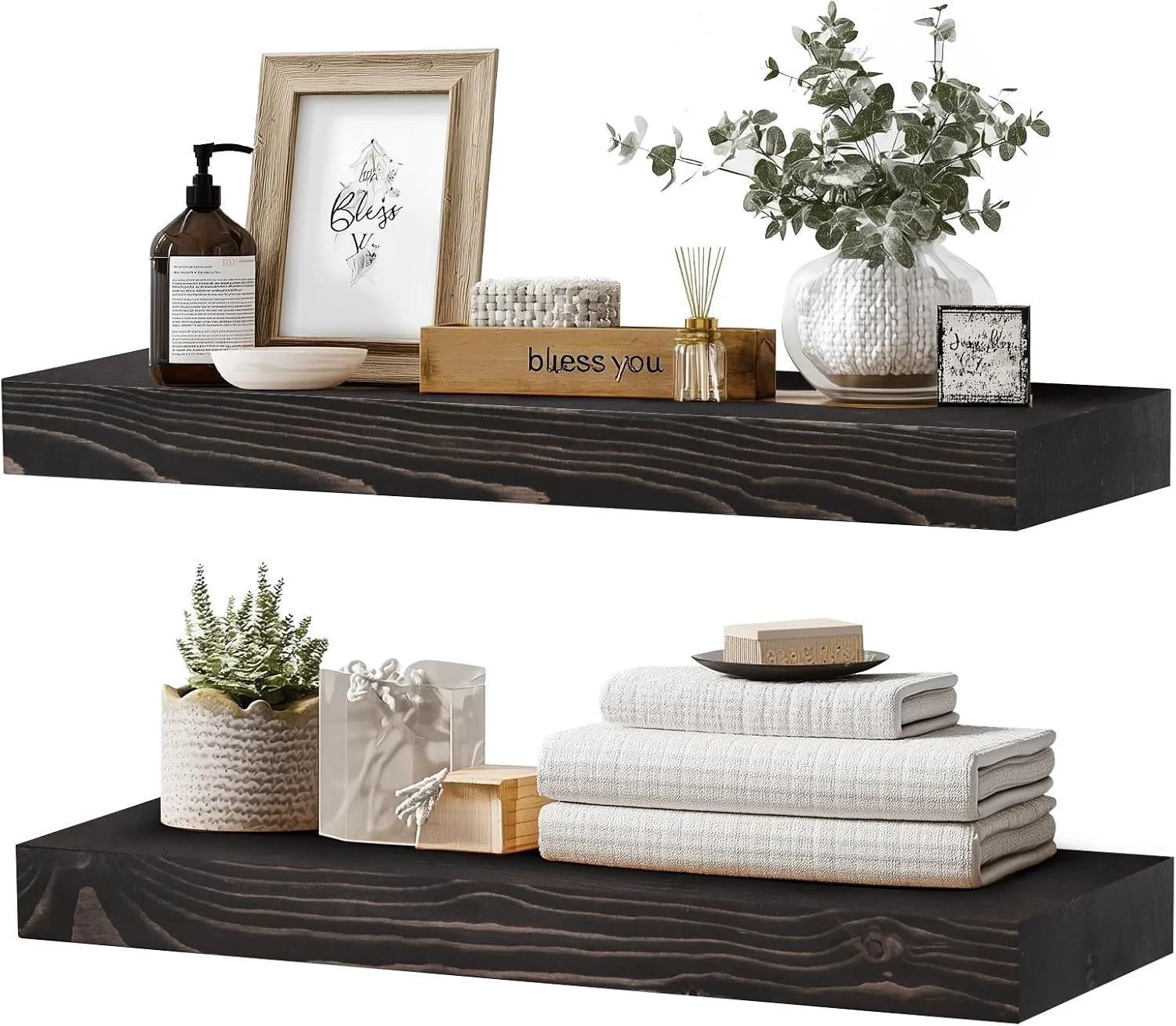 Professional Solid Wood Floating Shelves 24 Inch Wall Shelves Set of 2 Black Practical