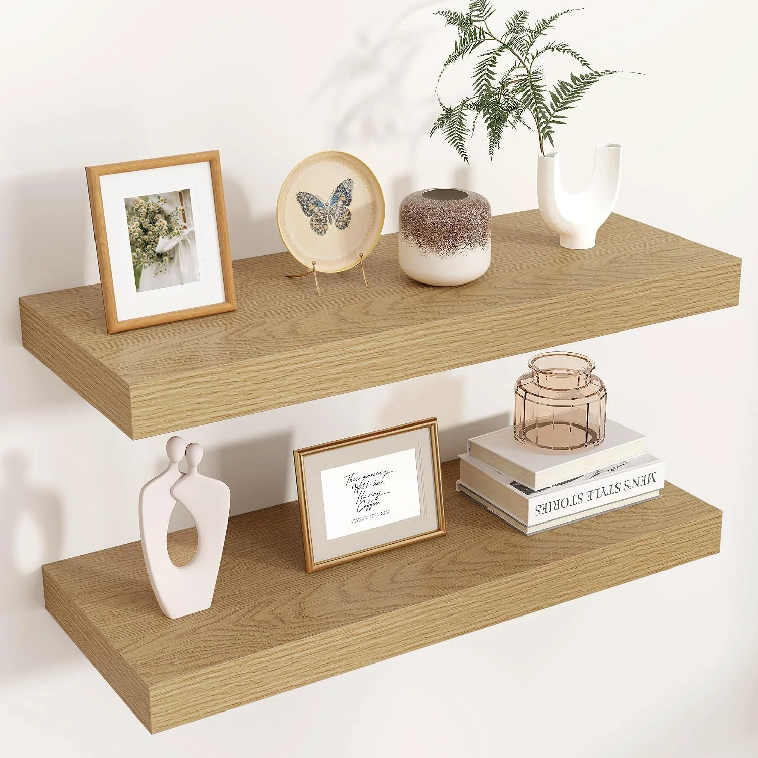 Green 24 Inch Floating Shelves for Wall 9 D Wood Storage Shelves Oak Finish Prestigious