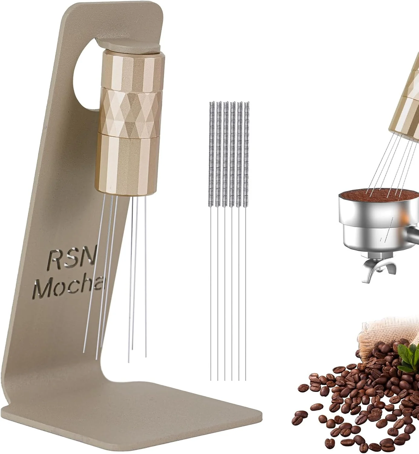 Smart WDT Tool Espresso Distribution Tool Coffee Distribution Tool with Magnetic Stand Espresso Accessories with 6 Extra Φ0.25mm Stainless Steel Needles for Barista Rich Gold Φ0.25mm Quality