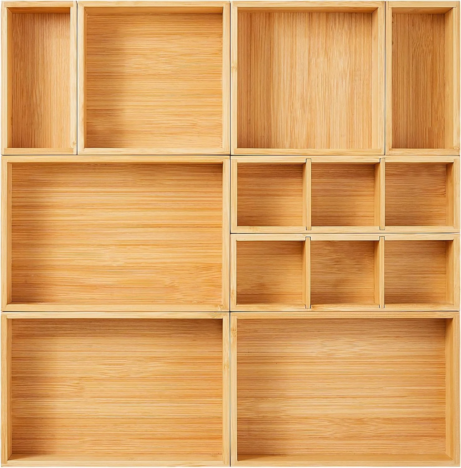 Eco-Friendly Fabsome Drawer Organizer Set of 9 Bamboo Wood Kitchen Makeup Desk Junk Tea Drawer Storage Boxes Bins for Cutlery Silverware Utensils Flatware Detailed
