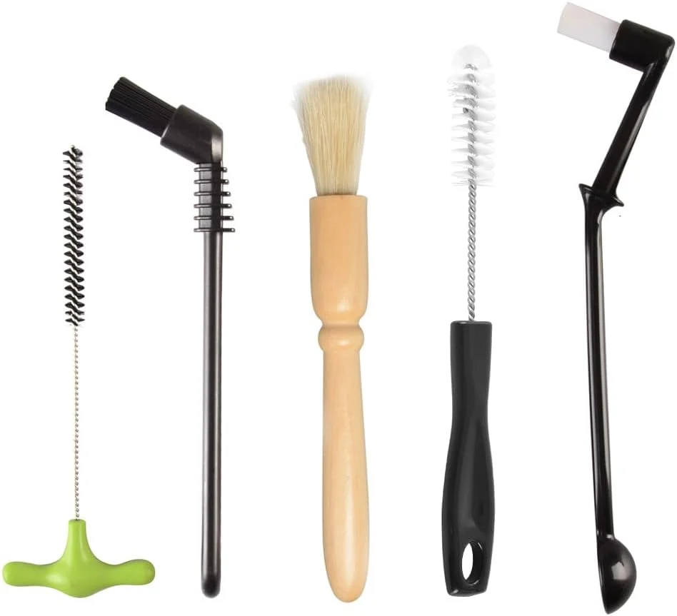Optimized Espresso Machine Cleaning Brush Set - Cafemasy 5 Pieces Coffee Cleaning Brush Natural Bristles Wooden Brush for Coffee Grinder and Nylon Brush for Top-Quality