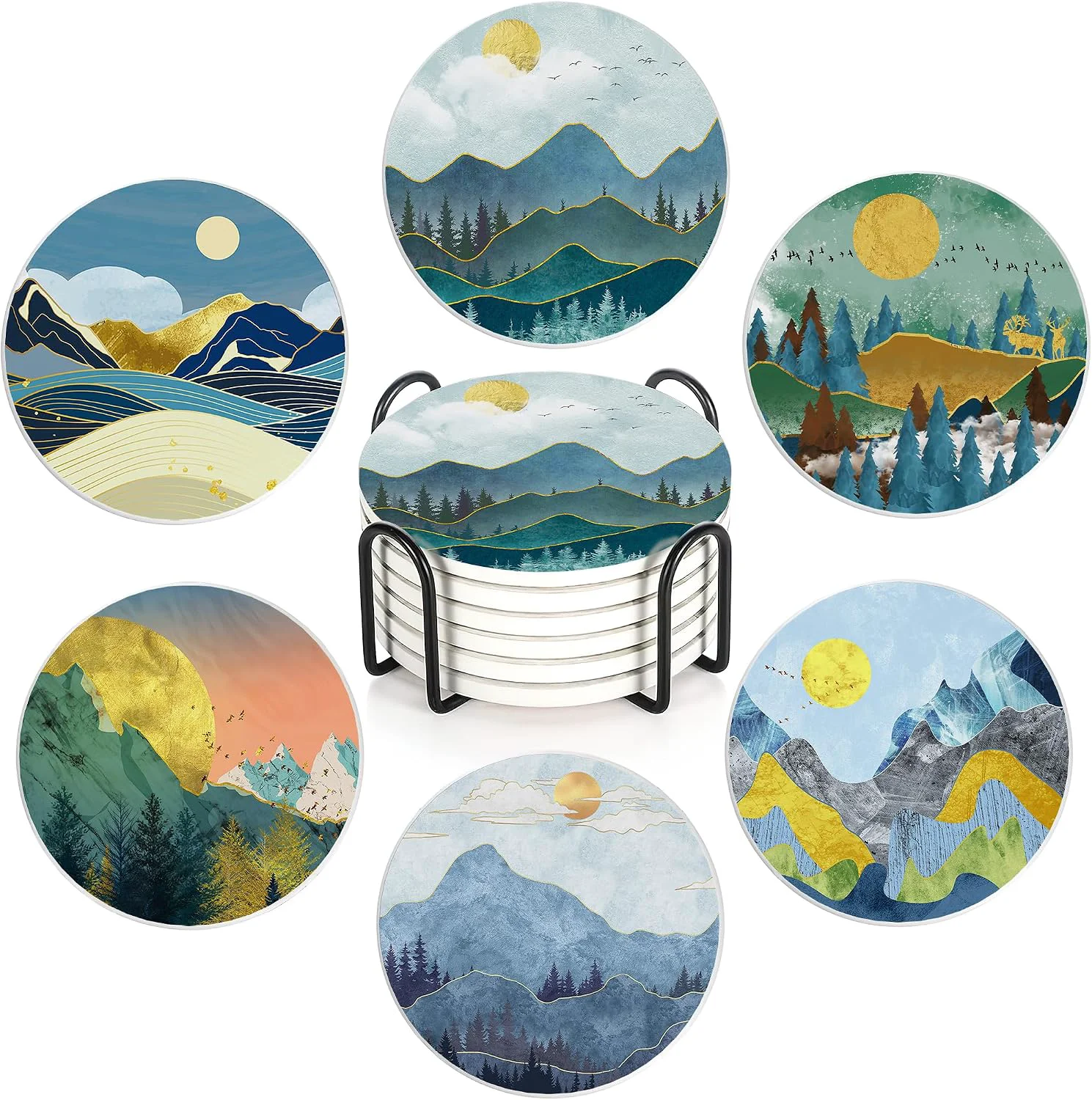 Powerful 6 Pcs Coasters for Drinks with Holder Abstract Mountain Sun Absorbent Ceramic Coasters with Cork Base Cute Funny Table Drinks Coasters Tabletop Protection Mat Table Home Decor 4 Inches Smooth
