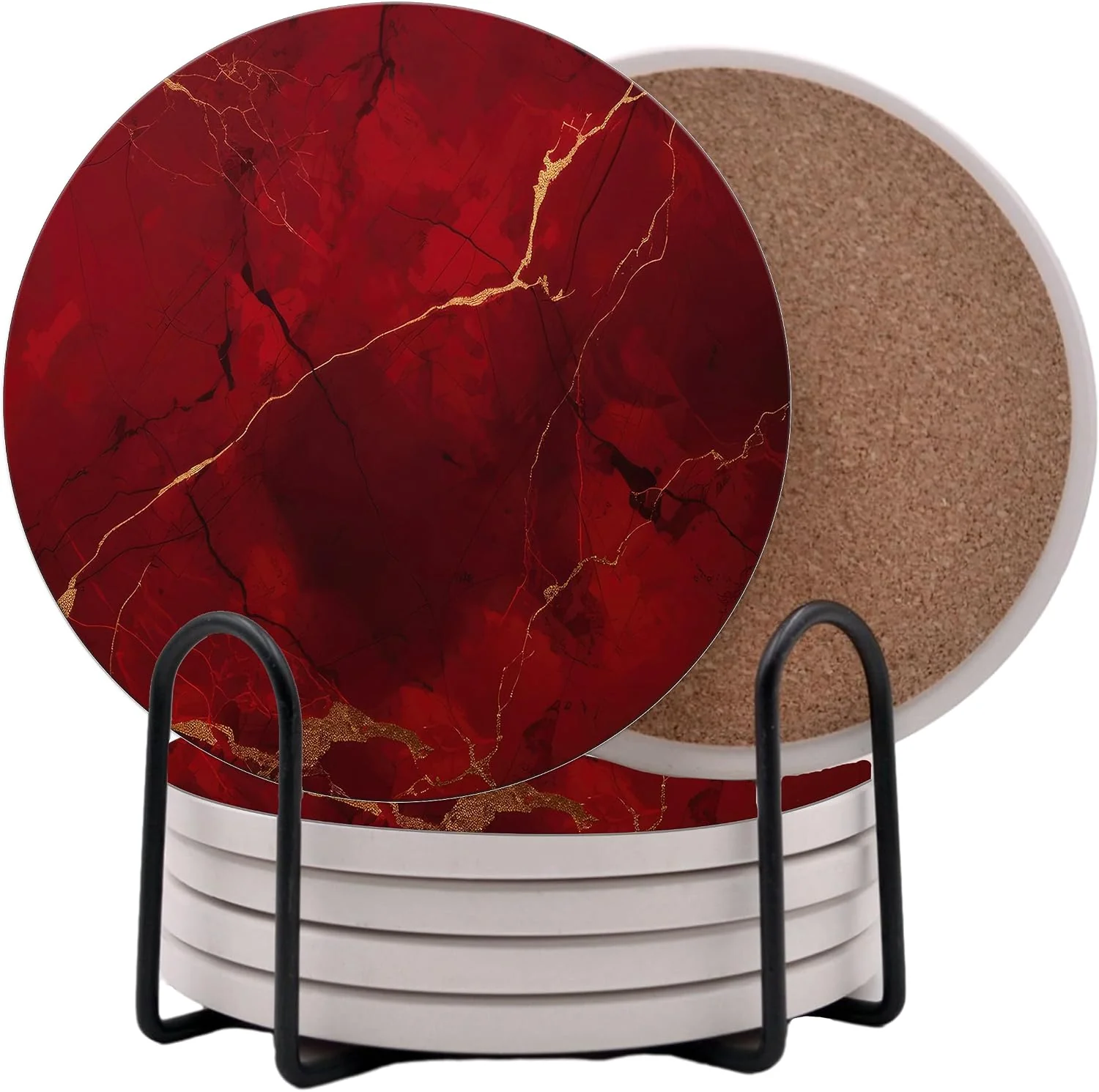 Enhanced Dark Red Agate Marble Round Coasters Set of 6 - Abosrbent Ceramic Coasters with Metal Stand for Drinks Coffee Non-Slip Cork Back for Tabletop Protection 4 Inches Marbled Pattern Dark Marble Fine
