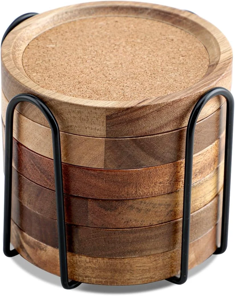 Recyclable Coasters for Drinks Absorbent with Holder Acacia Wood Cork Coaster for Coffee Table Wooden Table Coaster for Farmhouse Desk Extra Large Coasters Solid