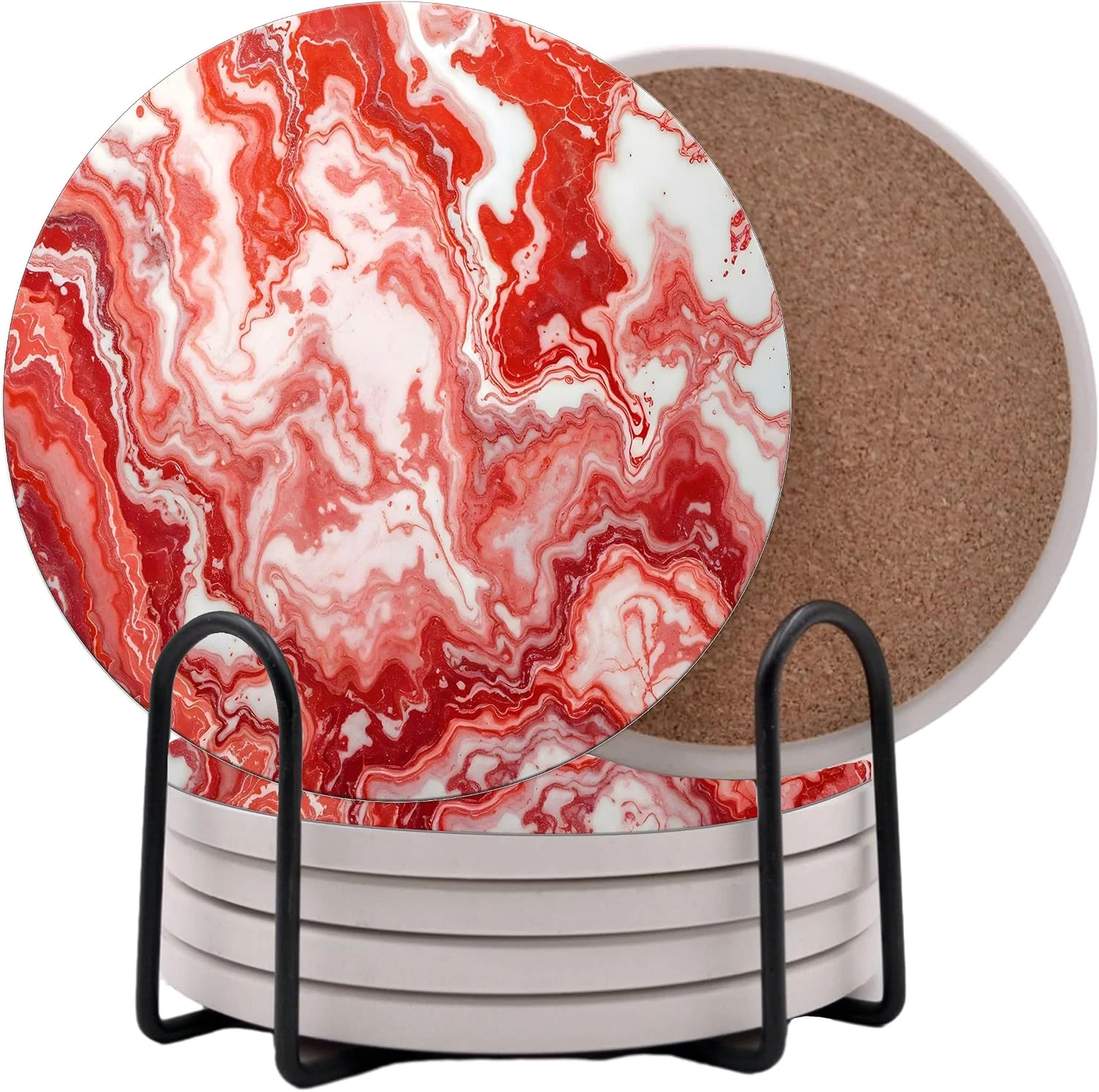 Pure Light Red Agate Marble Round Coasters Set of 6 - Abosrbent Ceramic Coasters with Metal Stand for Drinks Coffee Non-Slip Cork Back for Tabletop Protection 4 Inches Marbled Pattern Light Trusted
