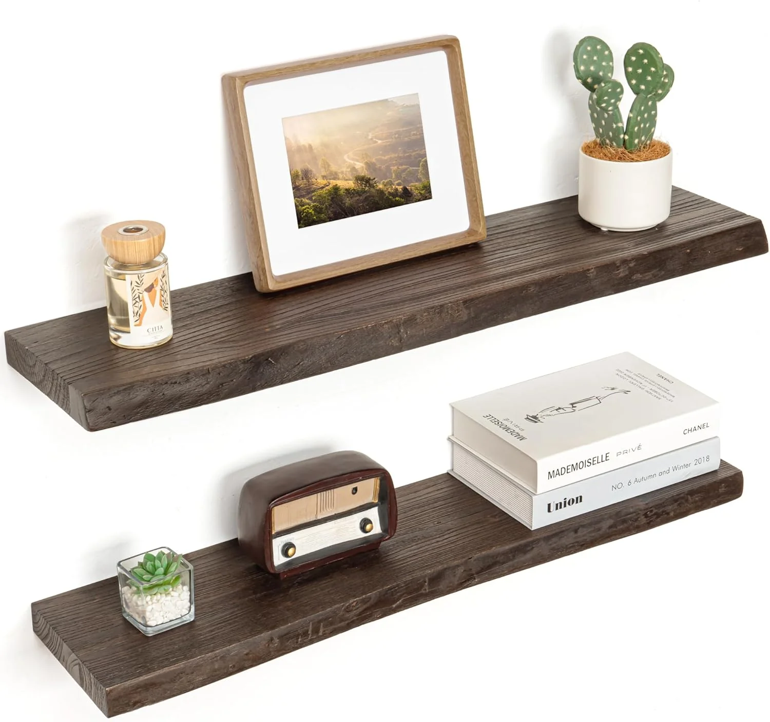 Healthy Floating Shelves for Wall Decor Rustic Solid Elm Wood Live Edge Floating Shelves Wall Mounted Wall Shelves with Invisible Bracket for Living Room Bathroom Bedroom Kitchen 32 Inch Set of 2 Walnut Elegant