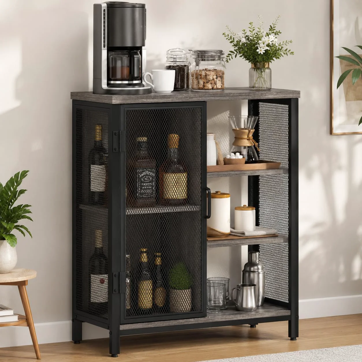 Crafted BON AUGURE Liquor Cabinet Bar for Home Coffee Storage Cabinet Adjustable Shelves Small Wood Sideboard Buffet Station Cabinets with Door for Kitchen Dining Entryway Dark Grey Oak 36 Exclusive