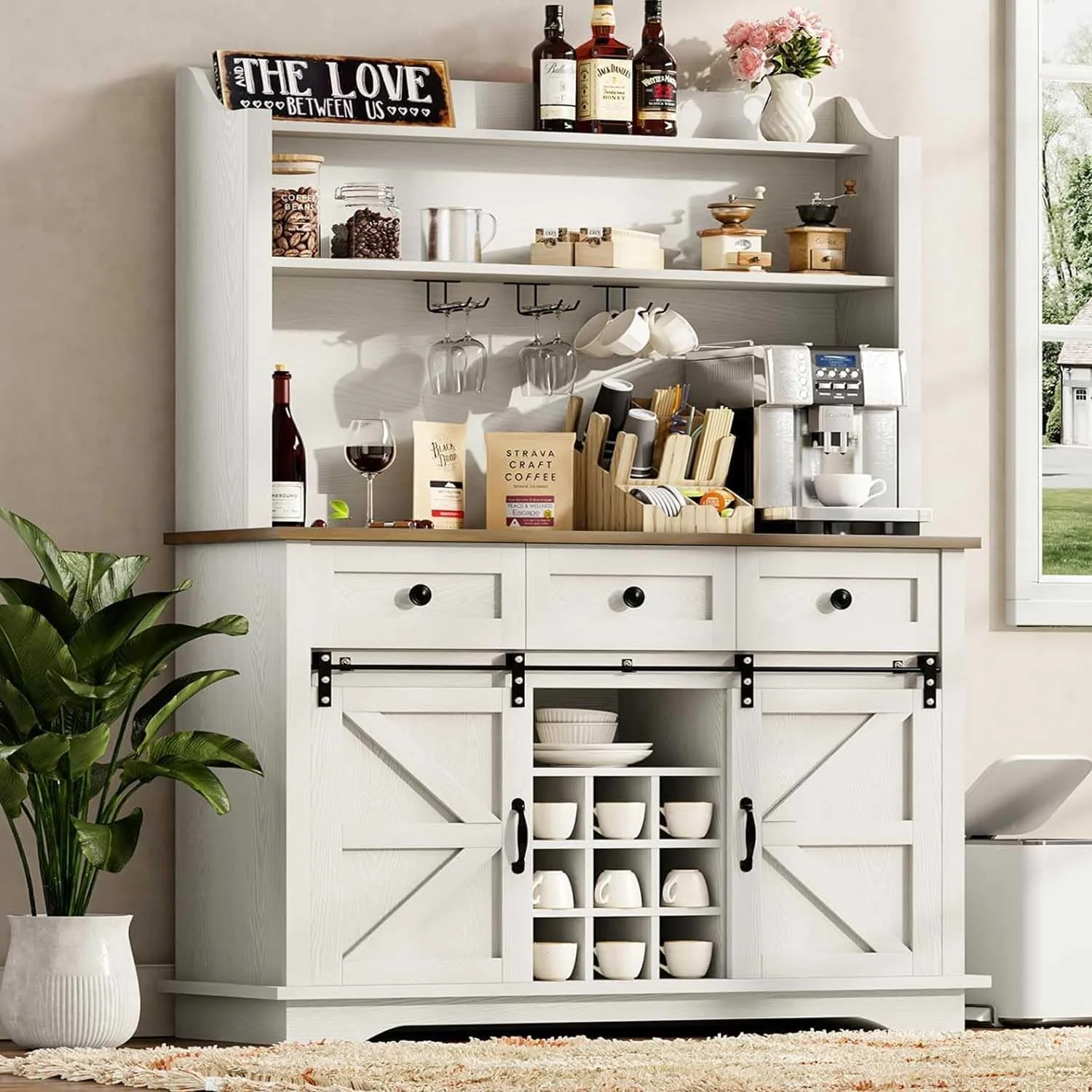 Reliable 63 Inch Coffee Bar Cabinet with 3-Tier Storage Kitchen Storage Cabinets with 3 Drawers Farmhouse Coffee Bar with 9 Racks 3 Glass Holders Trusted