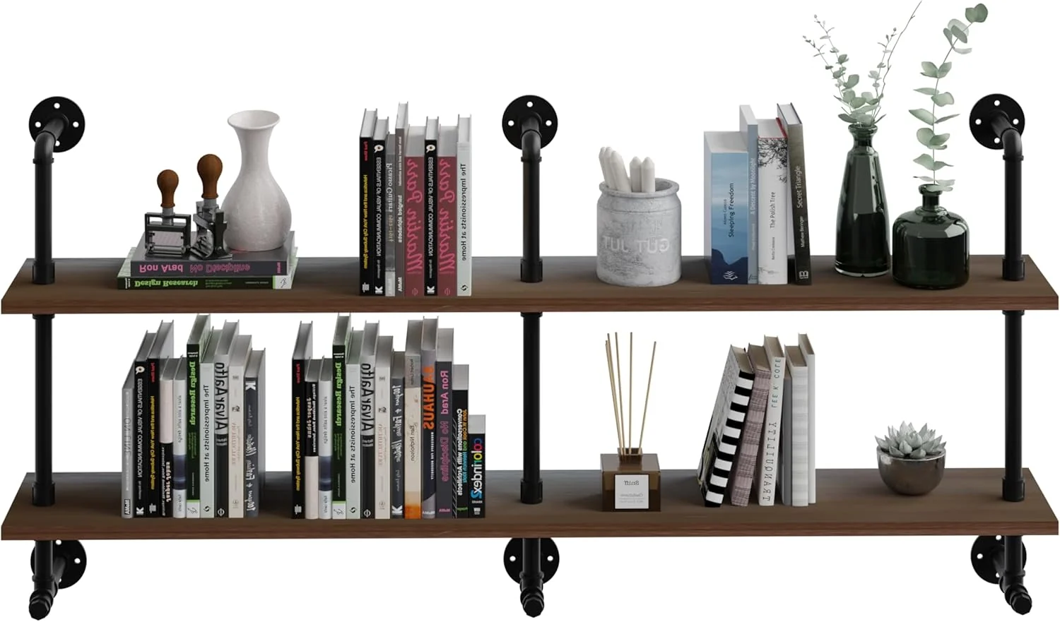 Sophisticated Industrial Pipe Wall Shelves Pipe Shelving with Wood Plank 60 Inches Floating Shelves for Wall Farmhouse Pipe Book Shelves Dark Brown 2 Tier for Solid