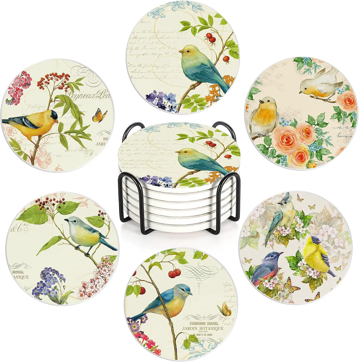 Selected Coaster for Drinks Set of 6 Vintage Watercolor Bird Flower Absorbing Round Ceramic Stone Coaster with Cork Base Tabletop Protection Mat for Mugs and Cups Coffee Table Wine Glass Home Bar 4 Inch User-Friendly