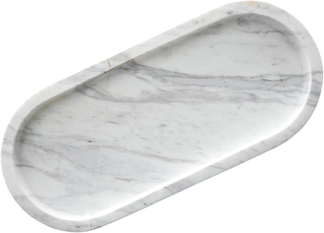 Genuine Bathroom Vanity Tray Large Natural Marble Oval Sink Tray 10 Inch Jazz White Limestone Dresser Tray for Soap Dispenser Modern Countertop Organizer Optimized