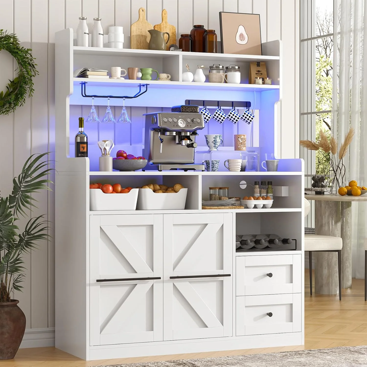 High-Quality VVFLU Hutch Storage Buffet Cabinet with Drawers and Charging Station Coffee Bar Cabinet with Barn Doors Wine Rack and Hooks White Wood Sideboard Buffet for Kitchen Dining Room 54.5 High Effective
