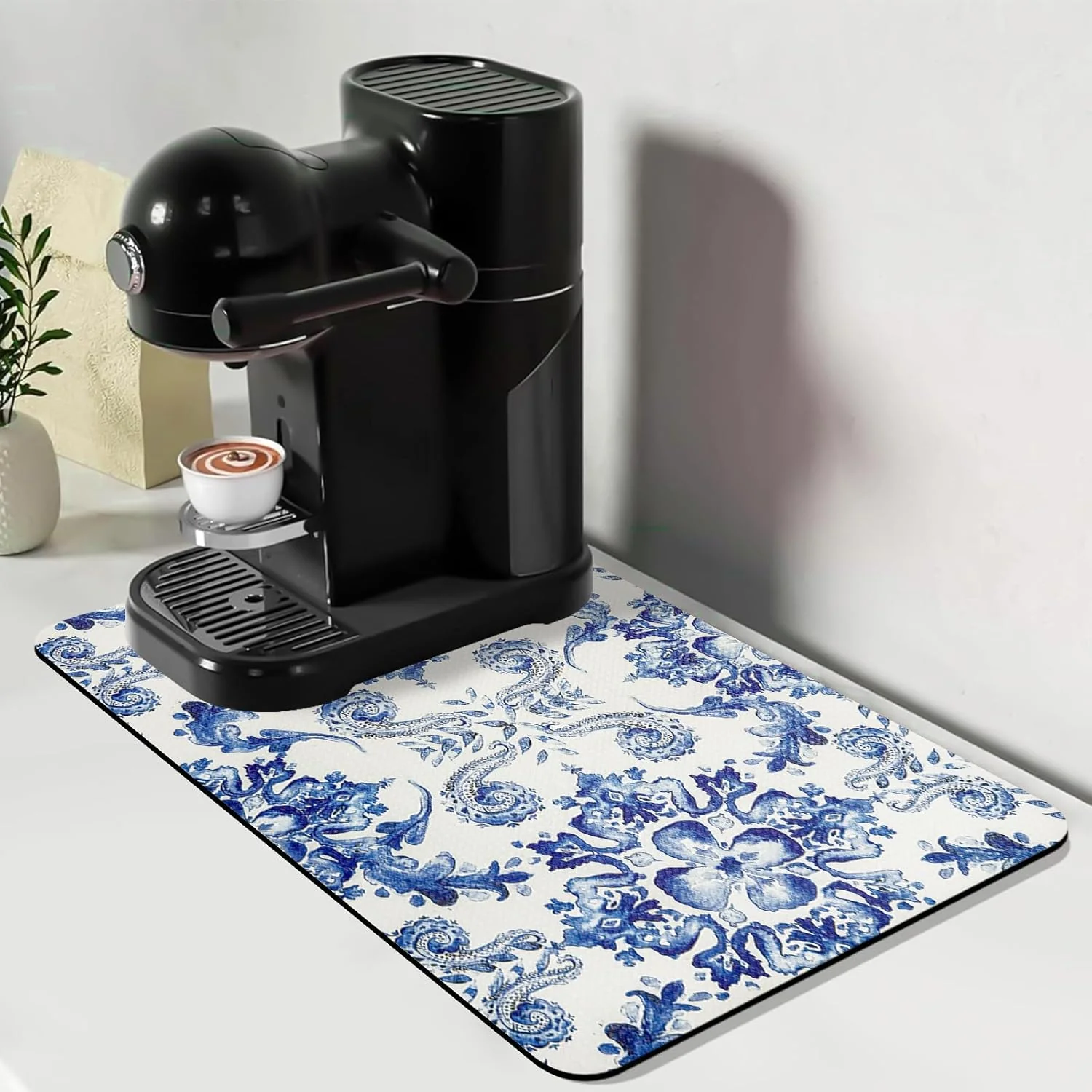 Modern Bloss Dish Drying Mat 12.2 x19.7 Absorbent Coffee Bar Mat with Waterproof Rubber Back Elegant