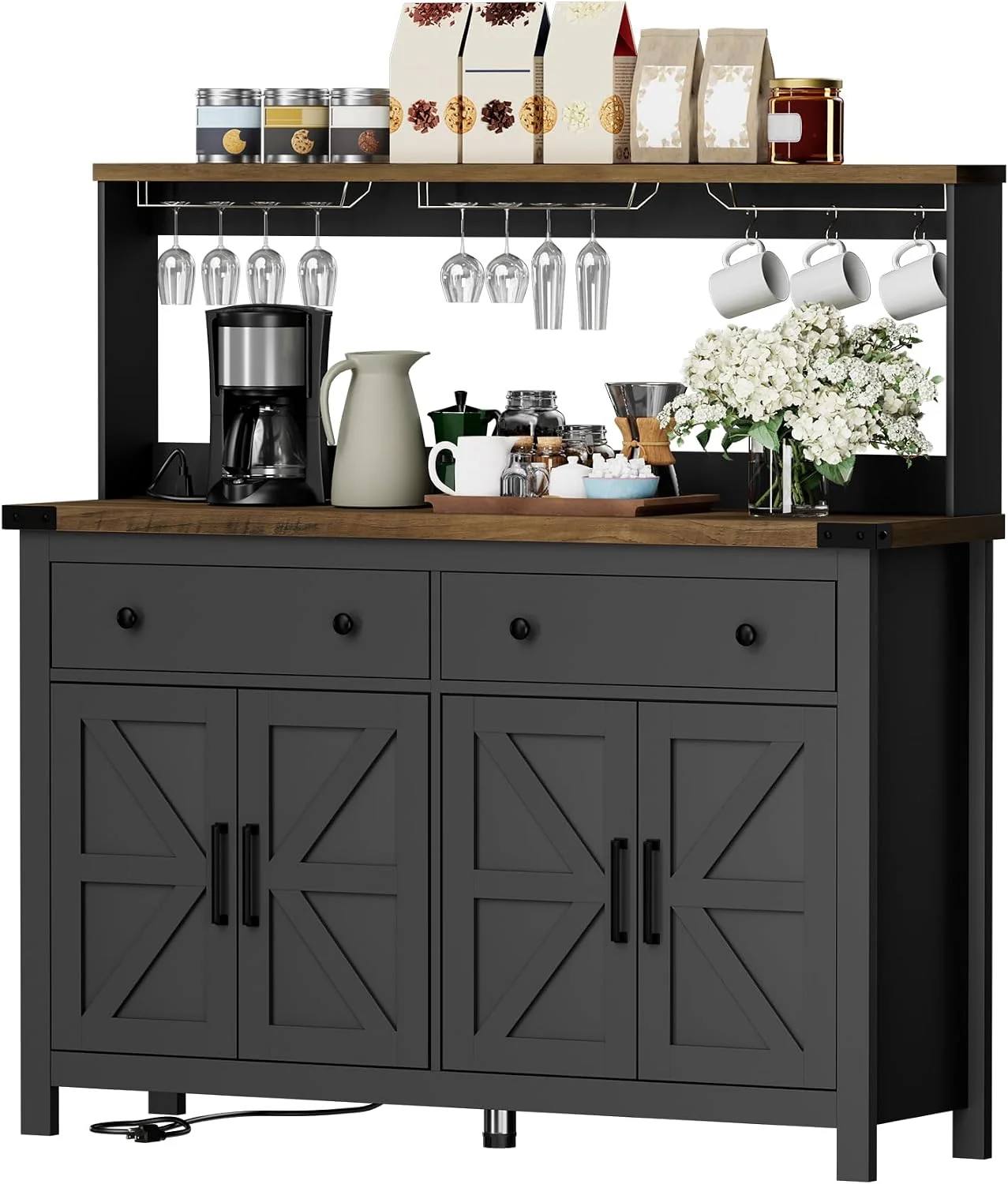Stylish VVFLU Hutch Storage Cabinet Buffet with Drawers and Charging Station Coffee Bar Cabinet with Barn Doors Wine Rack and Hooks Countertop Long Farmhouse Black for Kitchen Dining Room 54.1 High Functional