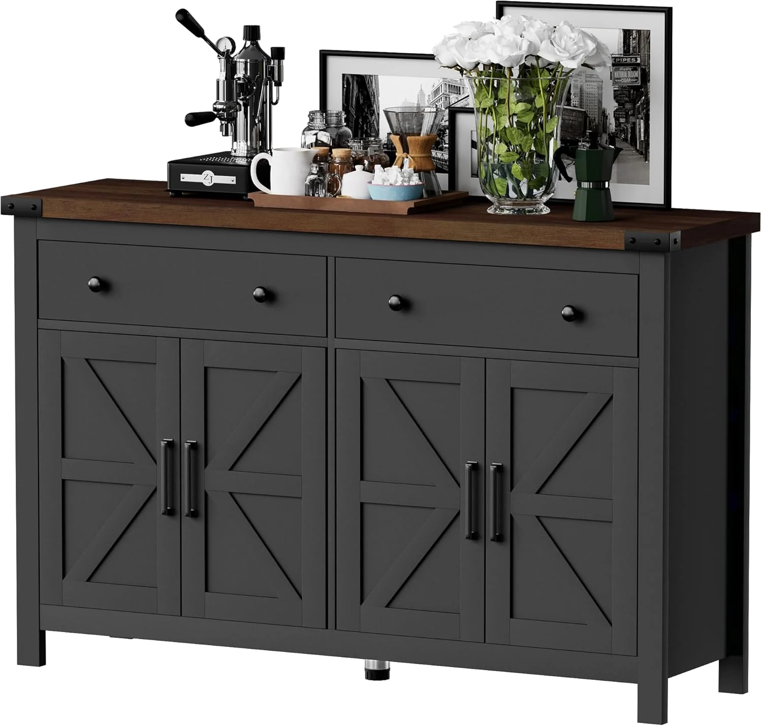 Next-Generation 55 Sideboard Buffet Cabinet with Storage Coffee Bar Cabinet with 2 Drawers and 4 Barn Doors Long Storage Cabinet Modern Farmhouse Black Wood Safe