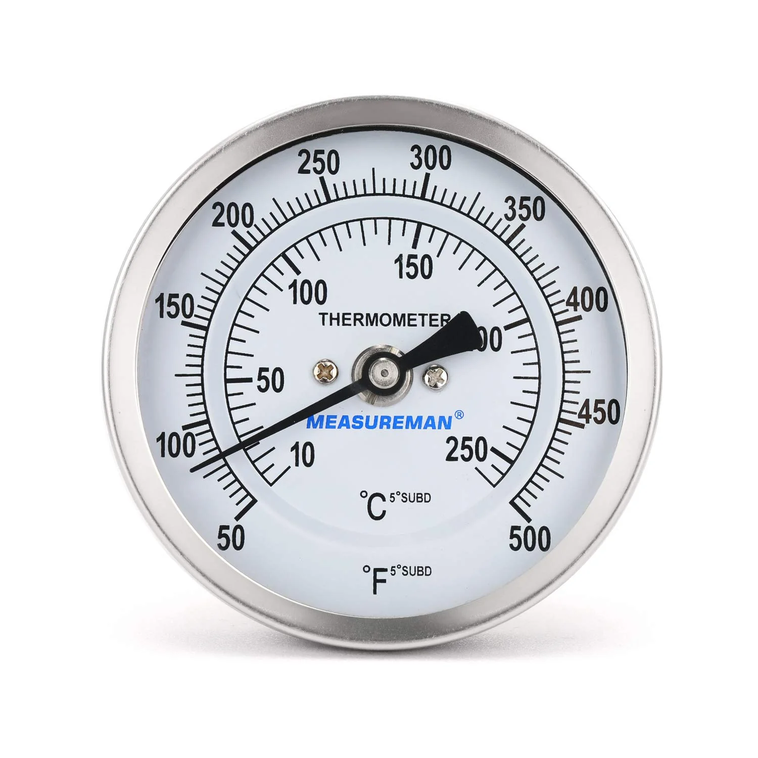 Modern Measureman Fully Stainless Steel Bimetal Dial Thermometer 3 Dial 2-1 2 Stem 50-500 deg F 10-260 deg C -1 Accuracy Adjustable Breathable