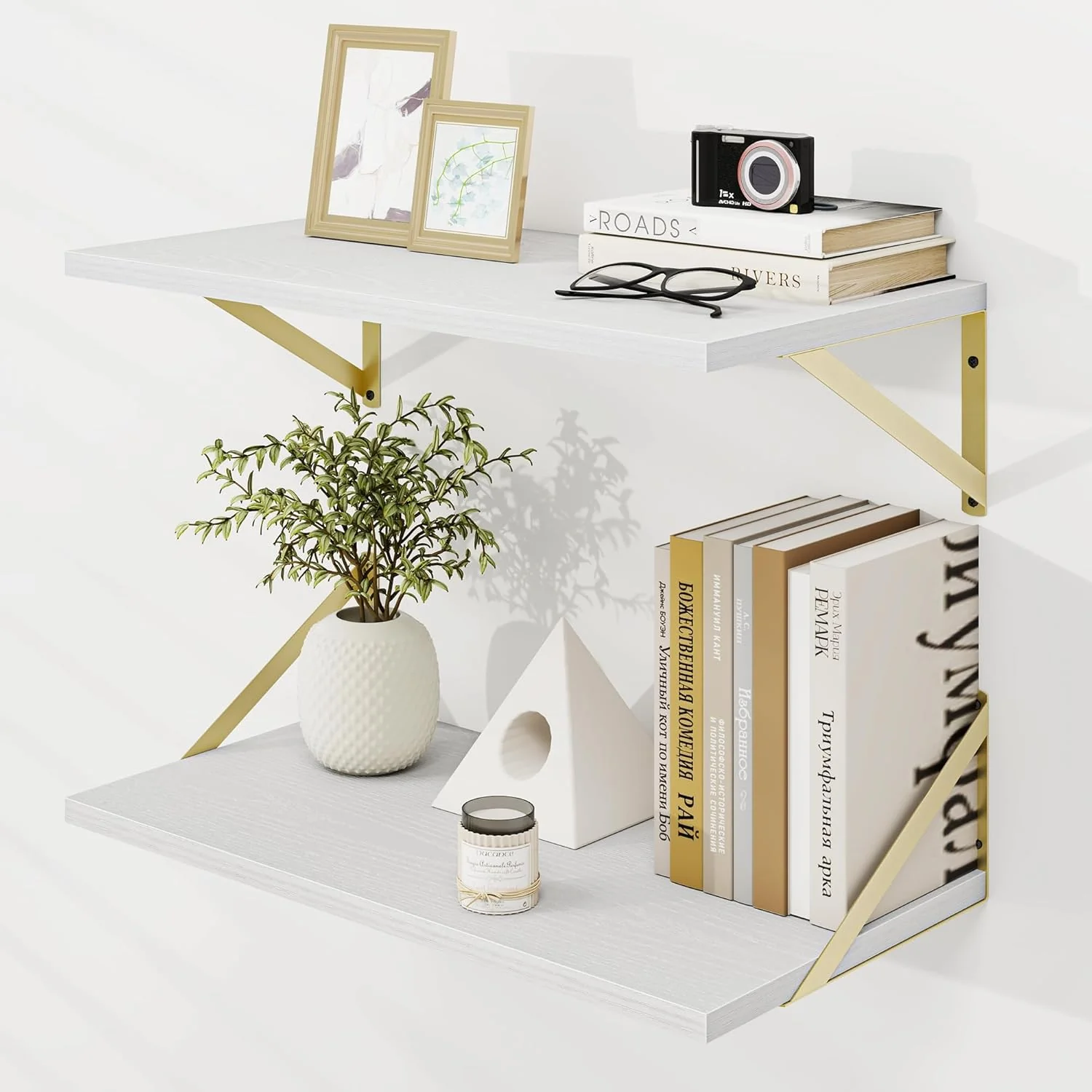 Premium Material Dreamland Gold Shelves for Wall White Wood Wall Mounted Shelves Large Floating Shelf 12 24 inch Set of 2 for Bookshelf Living Room Bedroom Home Green