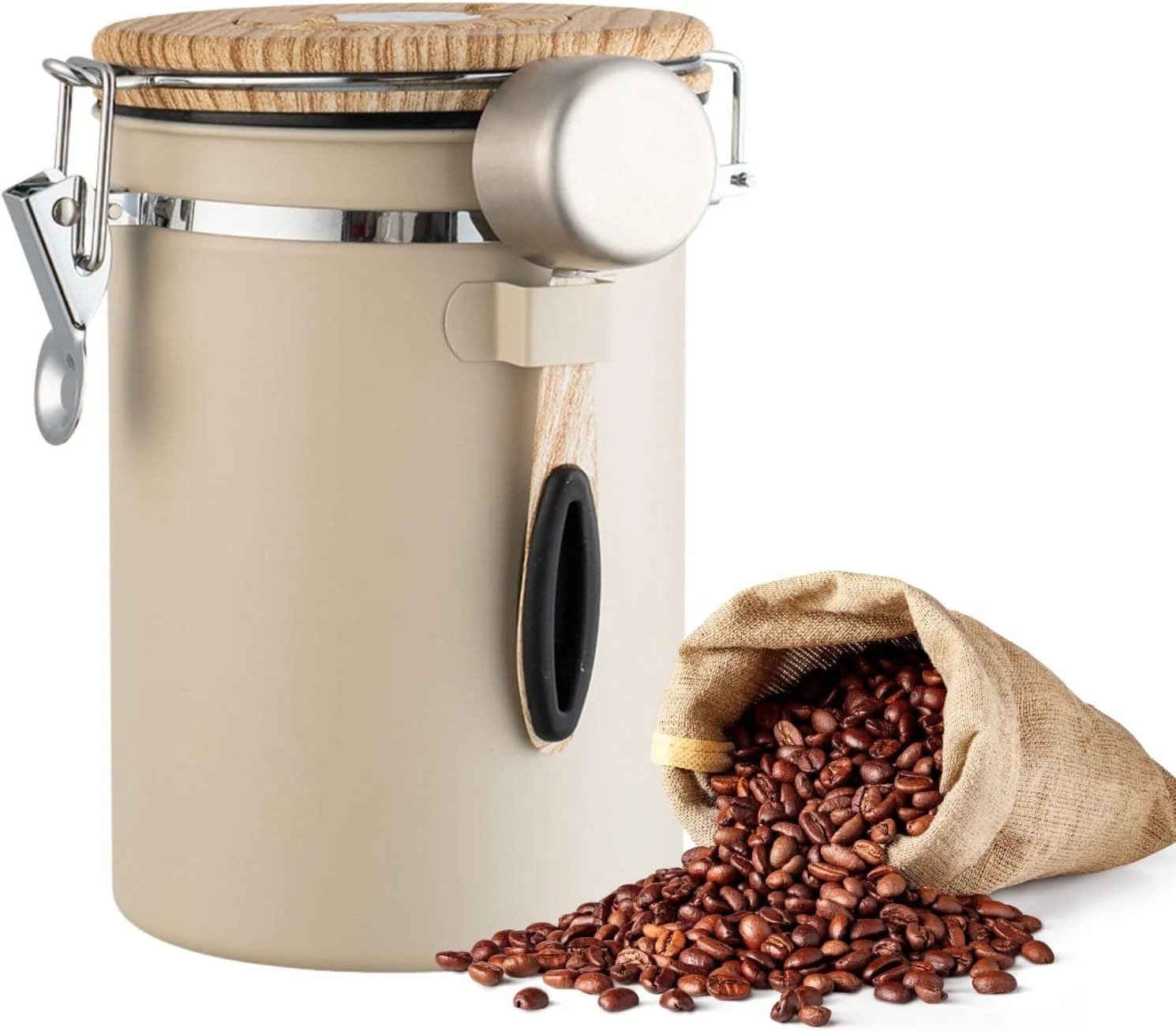 Functional Airtight Coffee Canister 1.8L with Wooden Lid Scoop Set 304 Stainless Steel Food Storage Container with CO₂ Valve for Beans Grounds Tea Sugar Expertly Made