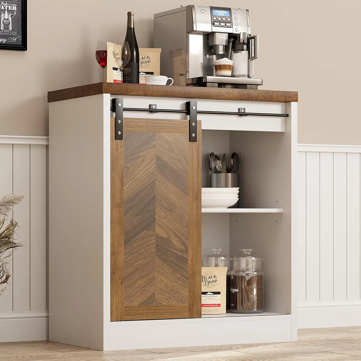 Professional Catrimown Farmhouse Small Coffee Bar Cabinet with Storage White Coffee Bar Table with Sliding Barn Door Adjustable Shelves Bar Cabinet for Kitchen Dining Living Room 1 Pack Safe