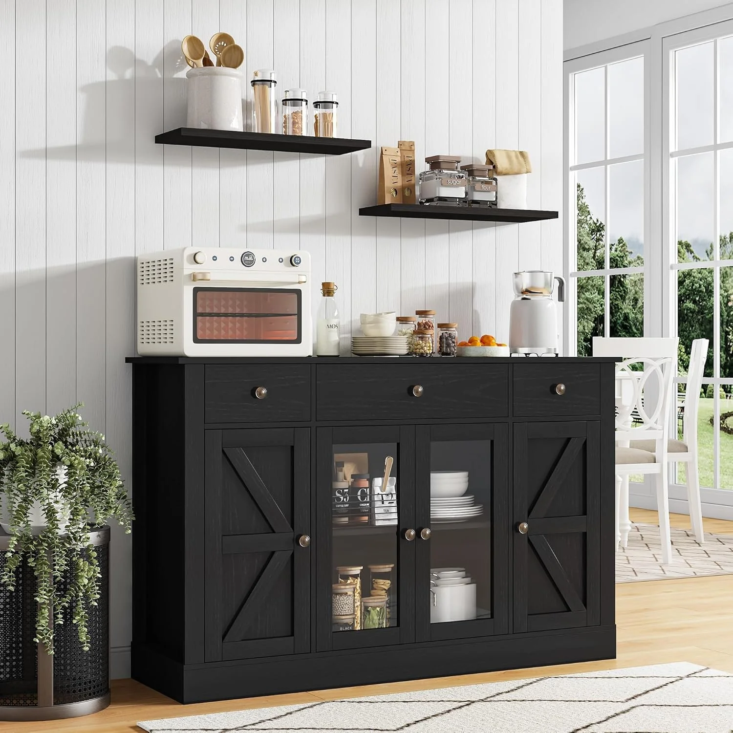 Premium 4 Ever Winner 55 Coffee Bar with 4 Glass Doors and 3 Drawers Sideboard Buffet Cabinet with Storage Natural