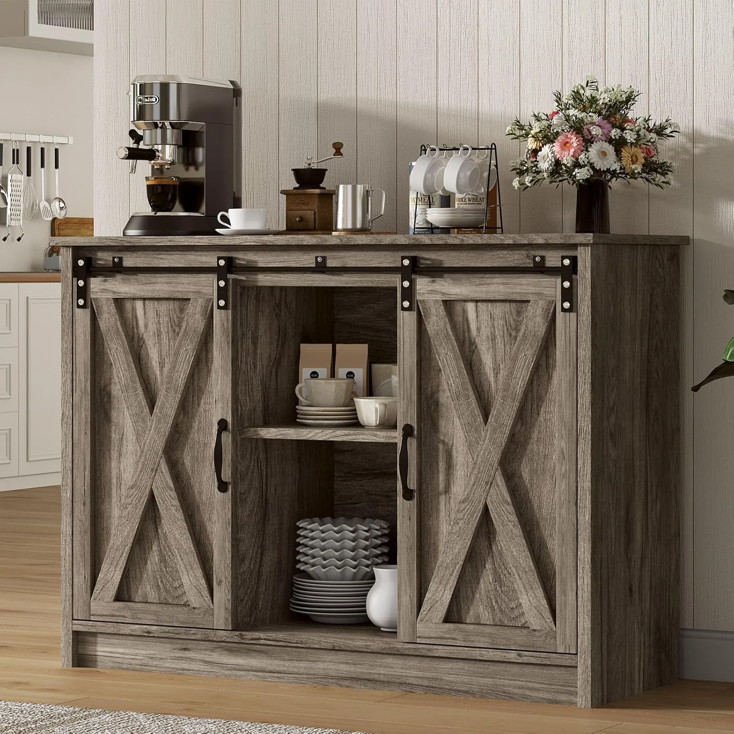 Exceptional 4 Ever Winner Farmhouse Coffee Bar Cabinet with Sliding Barn Door 42 Coffee Bar Table with Adjustable Shelves Excellent
