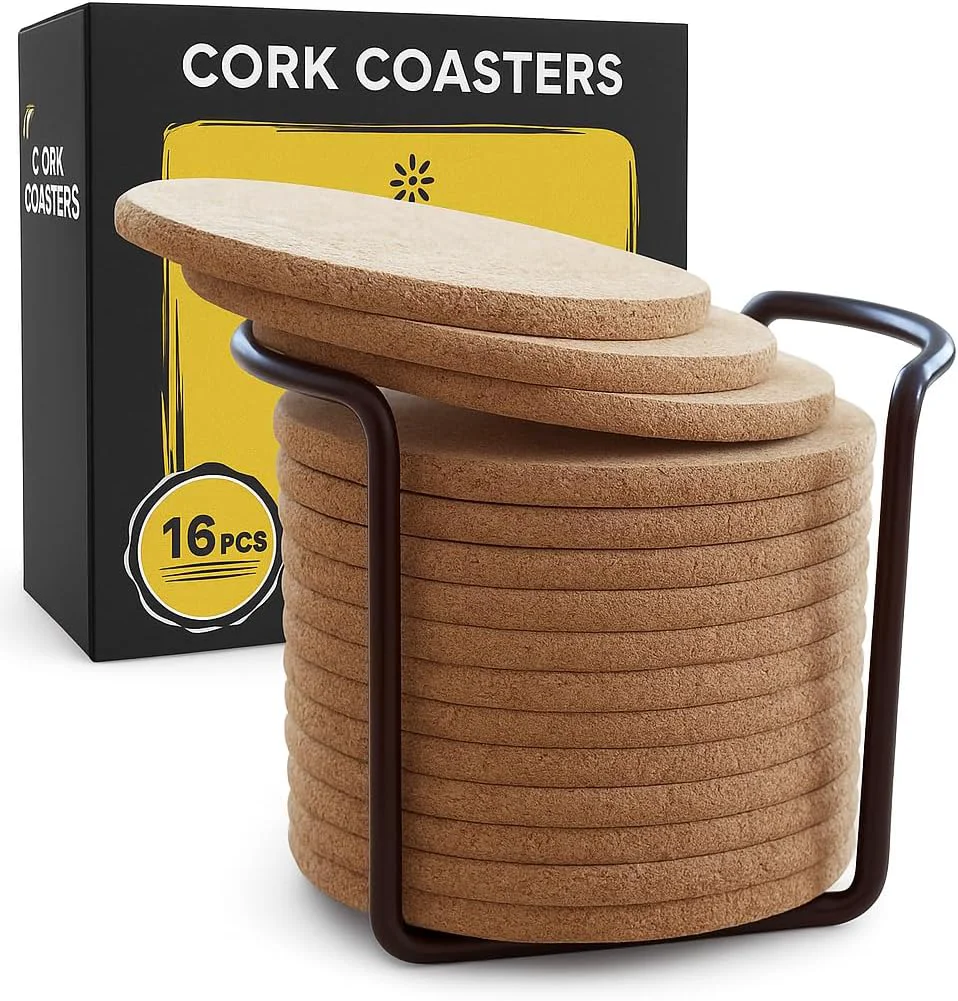 Long-Lasting Cork Coasters for Drinks with Metal Holder - 16 Pcs Round 4 inch Drink Coaster Thick Absorbent Heat-Resistant Saucer Consistent