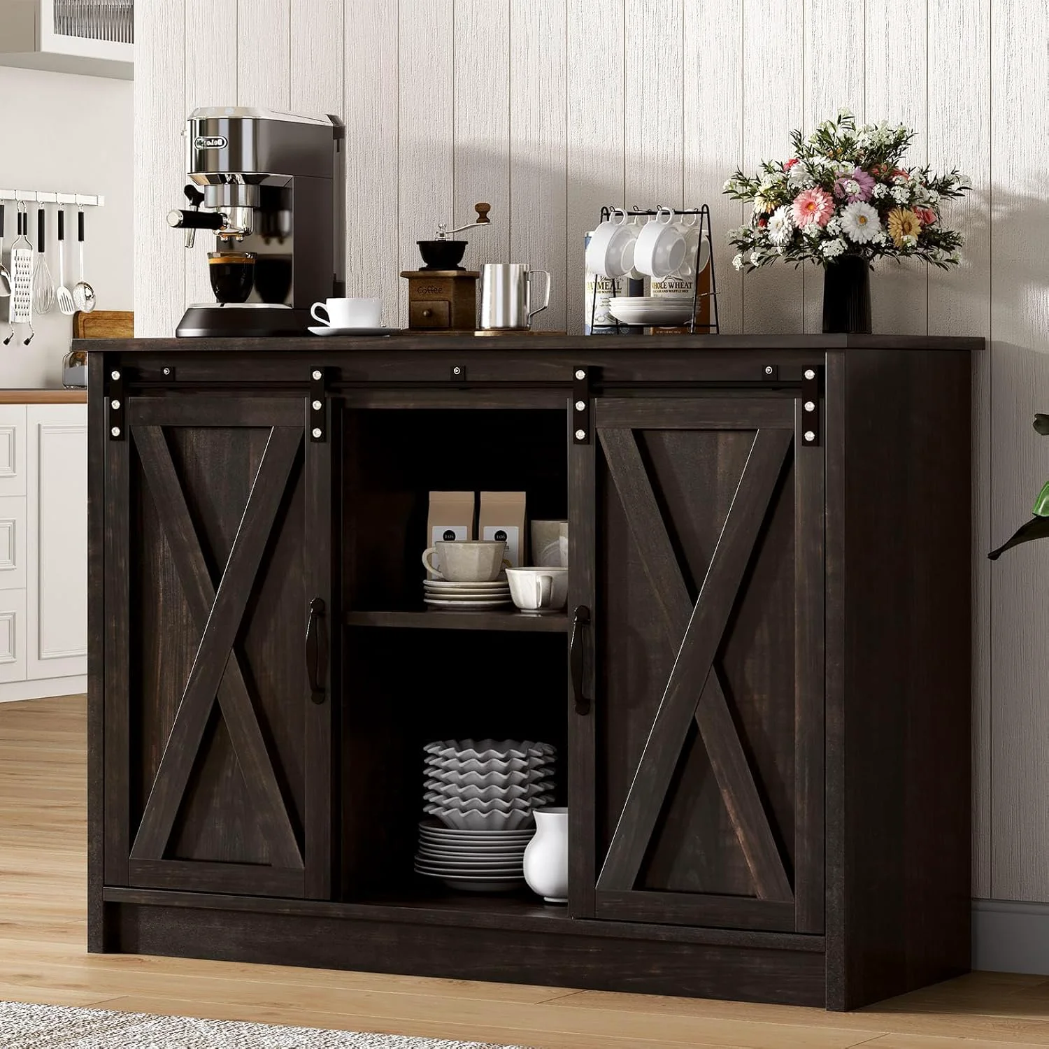 Durable 4 Ever Winner Coffee Bar Cabinet with Sliding Barn Doors 42 Sideboard Buffet Cabinet with Storage Excellent