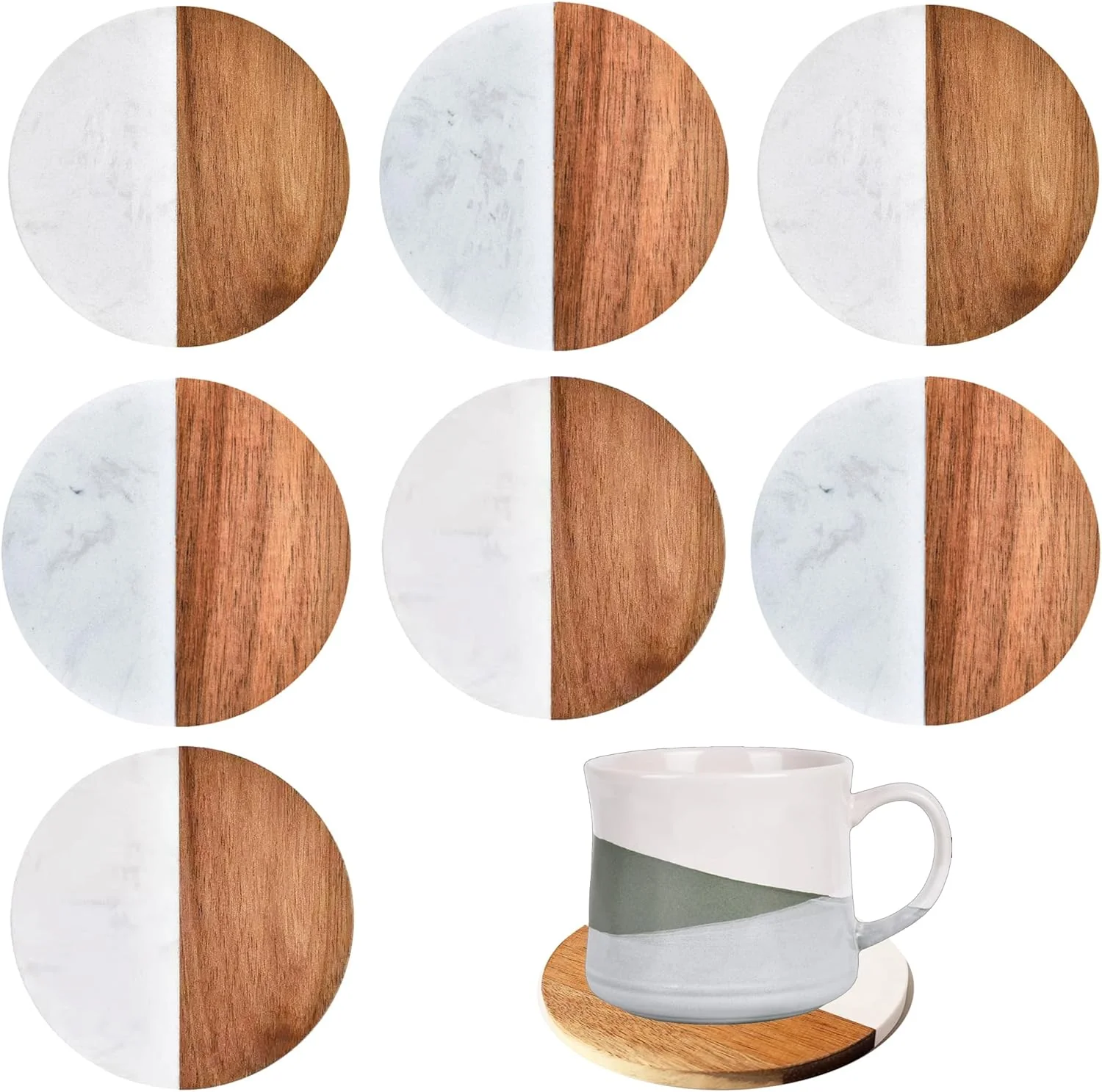 Pure I-LAN 8Packs Round Natural Wood and Marbel Style Drink Coasters for Coffee Wooden Table Drink Bar Coaster Set Tea Table Coasters for Living Room Environmentally Friendly