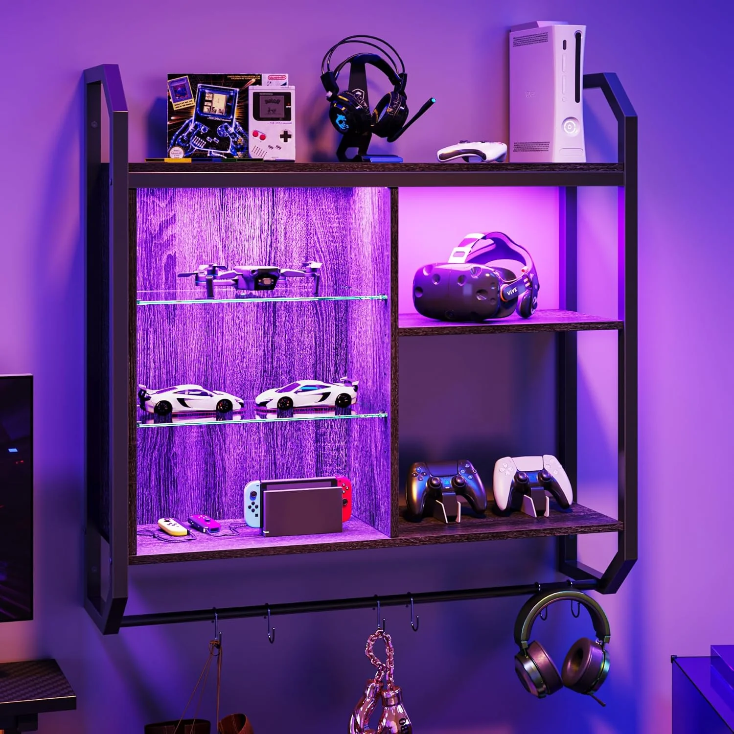 Solid ier Gaming Floating Shelves 34 LED Wall Mounted Shelf with Adjustable Glass Shelf Pipe Shelves Hanging Display Rack Bookshelf with 6 S-Hook Green