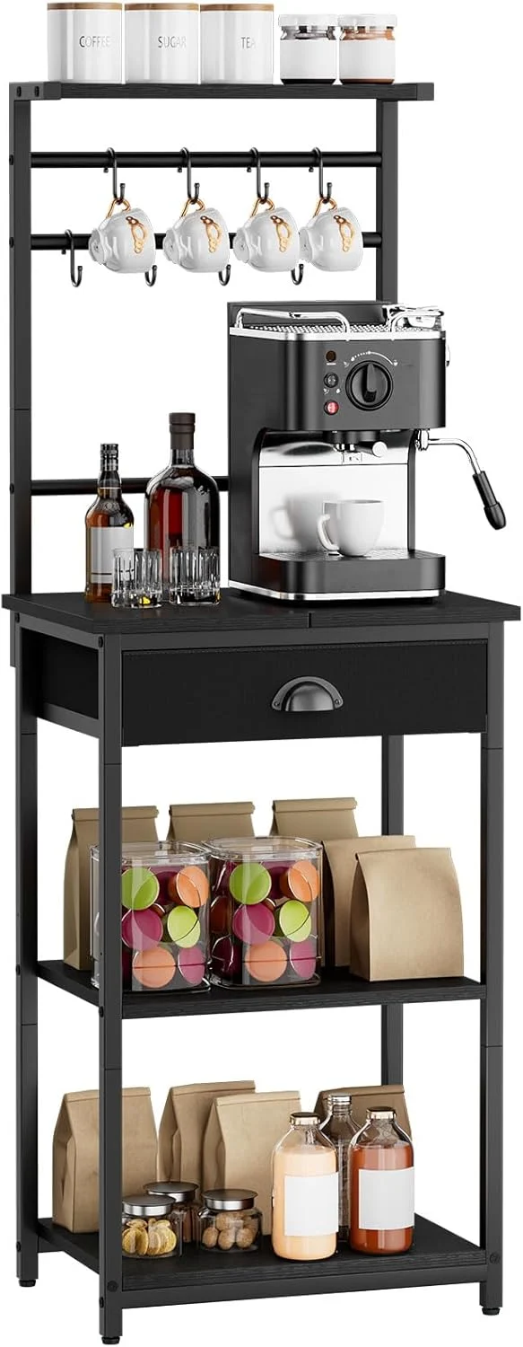 Recyclable Ymyny 5 Tier Coffee Bar Station Coffee Stand with Fabric Drawers 8 S-Shaped Hooks Corner Bar Cabinet Height Adjustable Bakers Rack for Kitchen Versatile