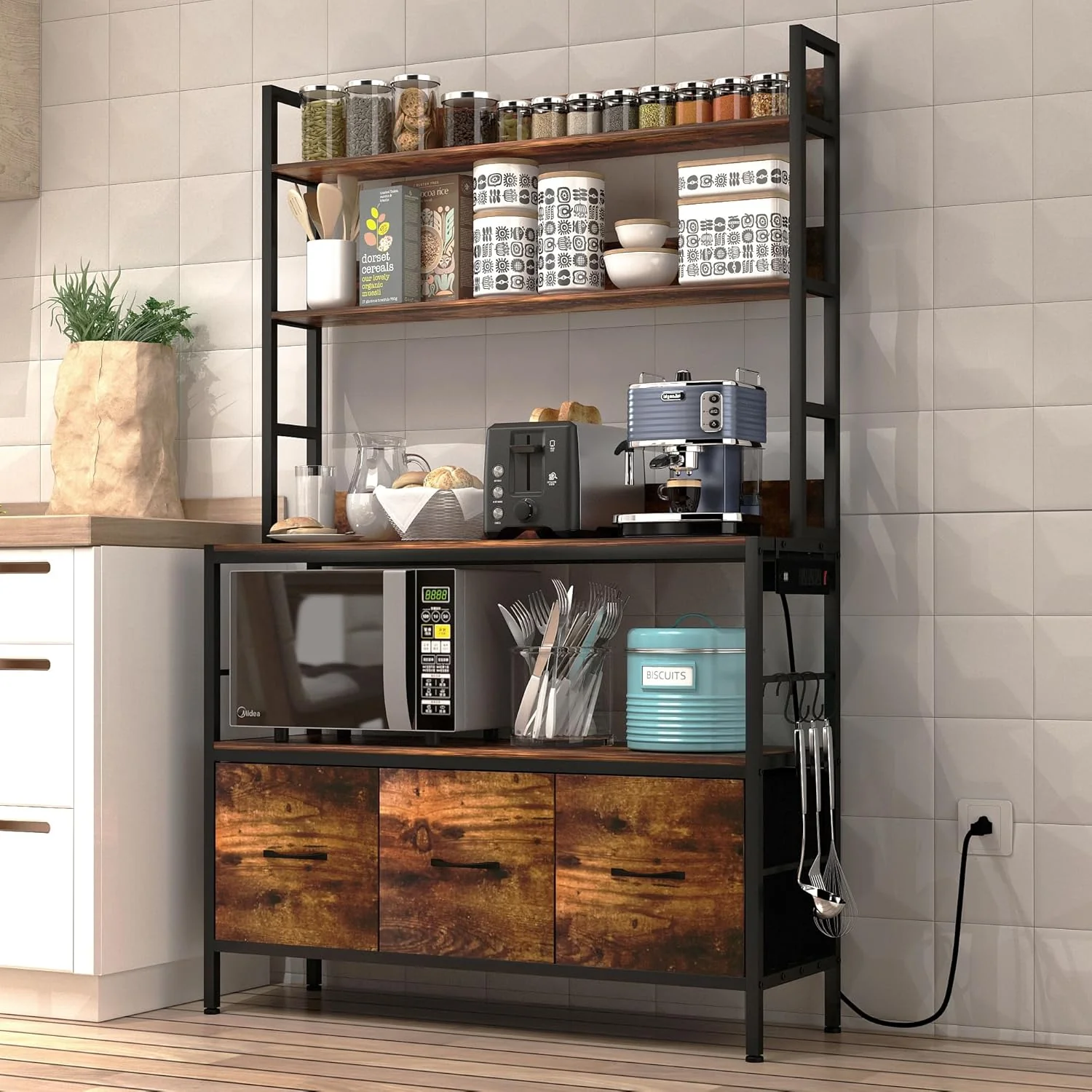 Convenient Kitchen Bakers Rack with Power Outlet 5-Tier Standing Storage Shelf Bakers Rack with Baskets Industrial Microwave Oven Stand Crafted