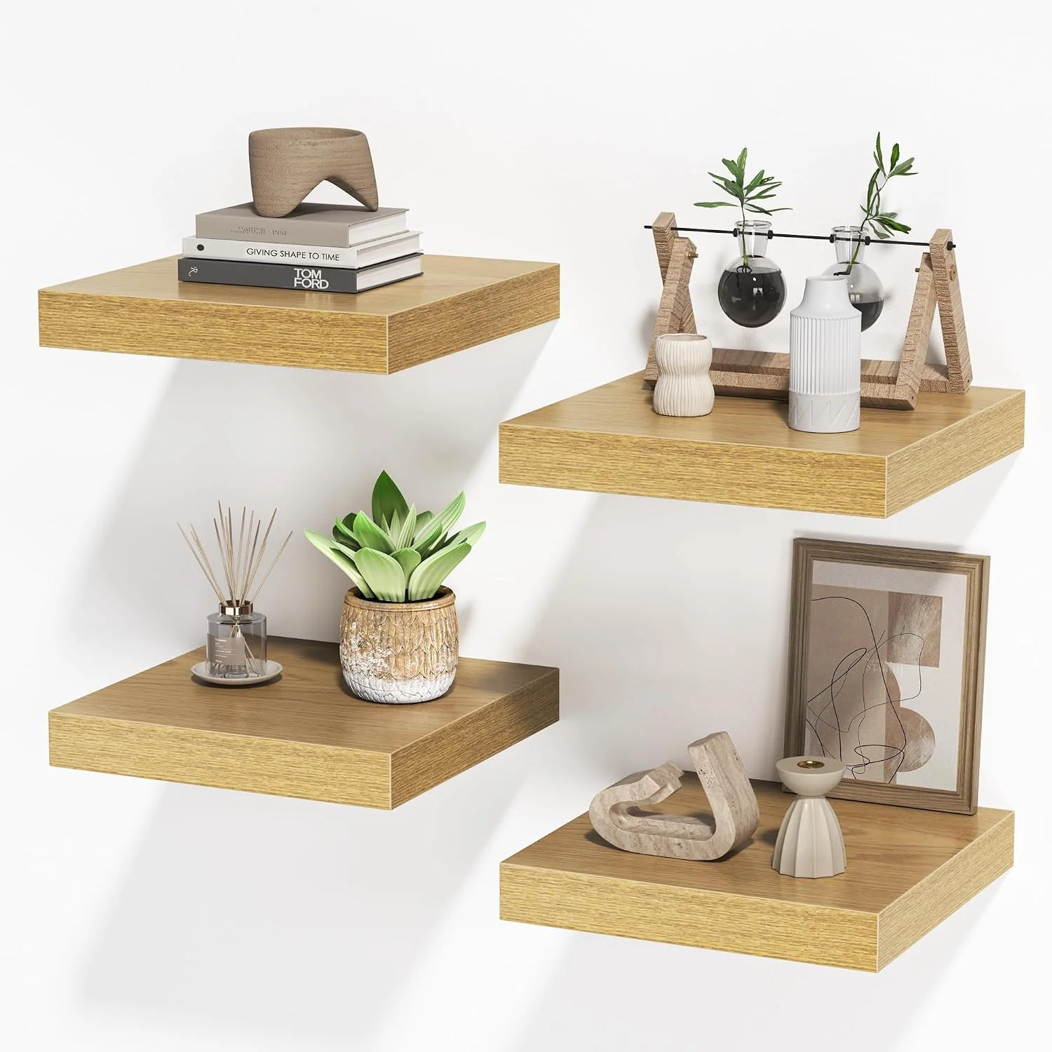 Smart FLYJOE Square Floating Shelves for Wall 10 W x 10 D x 1.4 H Small Wooden Wall Mounted Display Shelves with Invisible Brackets for Living Room Bedroom Bathroom Kitchen Decor Set of 4 Oak Minimalist