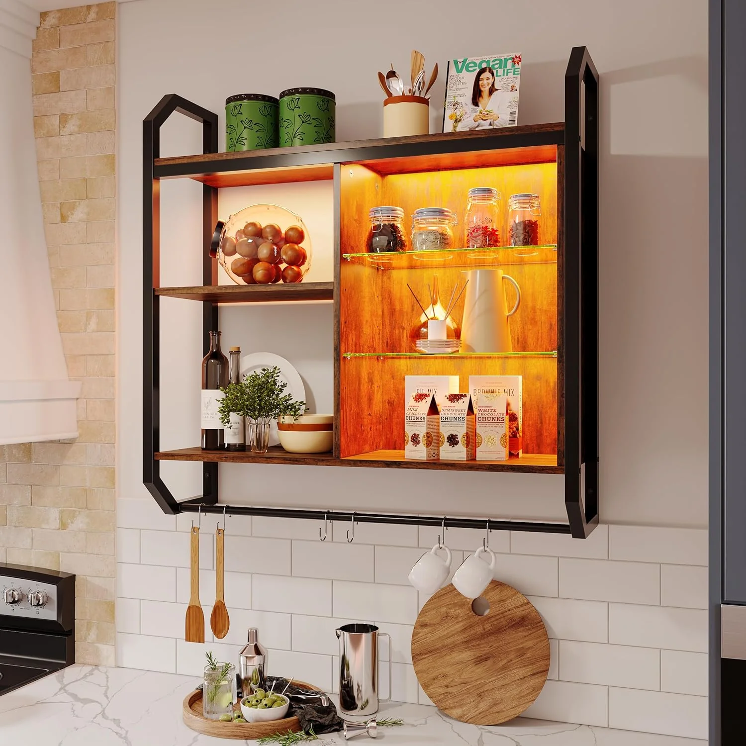 Convenient ier LED Kitchen Floating Shelves 34 Industrial Pipe Shelves with Adjustable Glass Shelves Wall Mounted Shelf with 6 S-Hook Towel Bar Efficient
