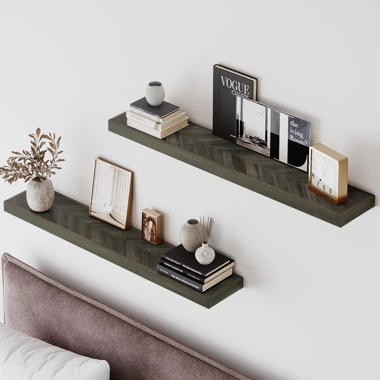 Smart Howizz 36'' Chevron Floating Shelves for Wall Acacia Wood Wall Mounted Shelves with Invisible Brackets Rustic Wooden Shelf Set of 2 for Living Room Bedroom Bathroom Kitchen Decor Mocha Finish Quality