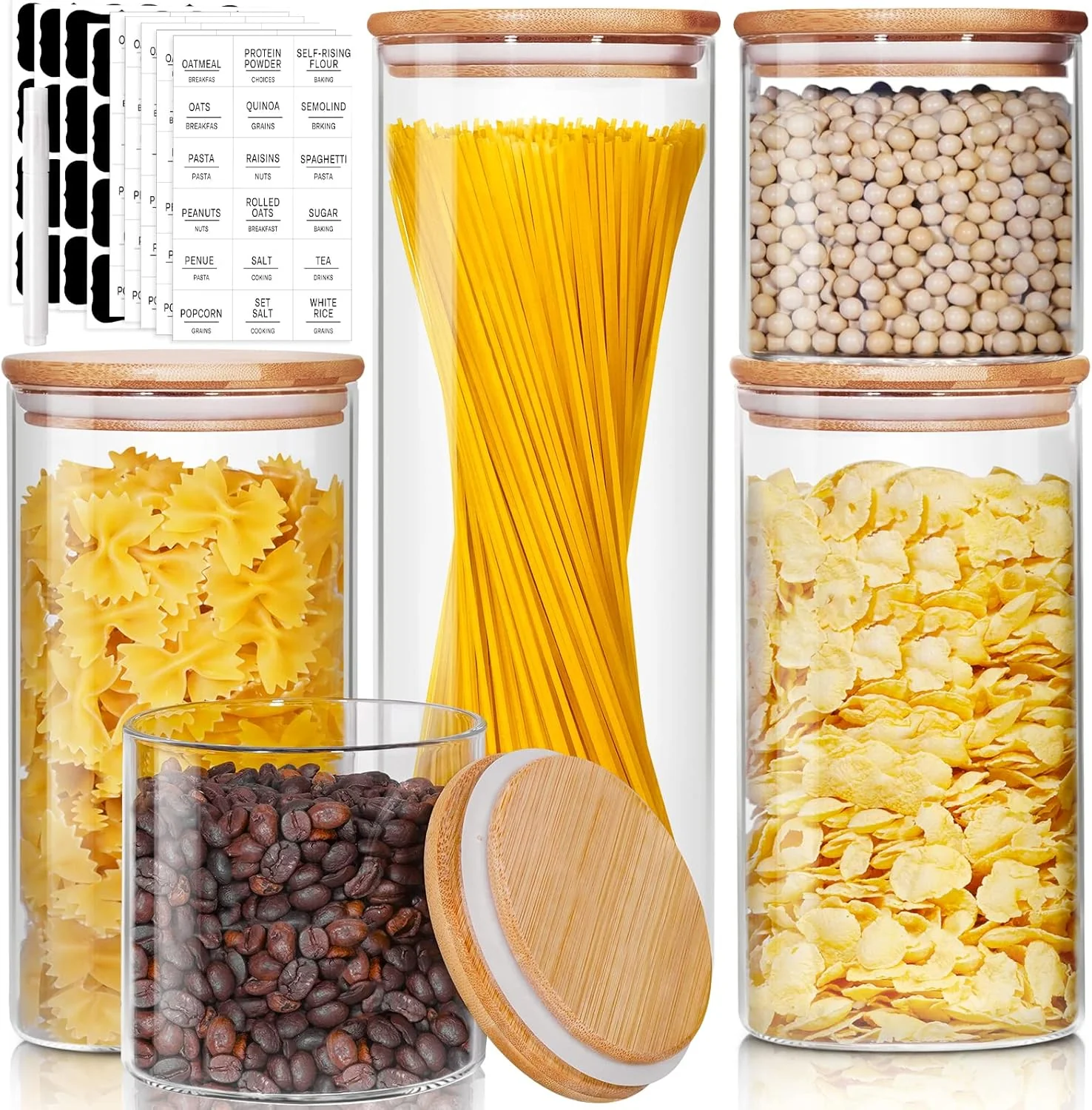 Detailed Glass Jars with Bamboo Lids Muti Size Set of 5 Glass Canisters with Airtight Lids Glass Food Storage Containers for Pasta Oats Coffee Flour Innovative