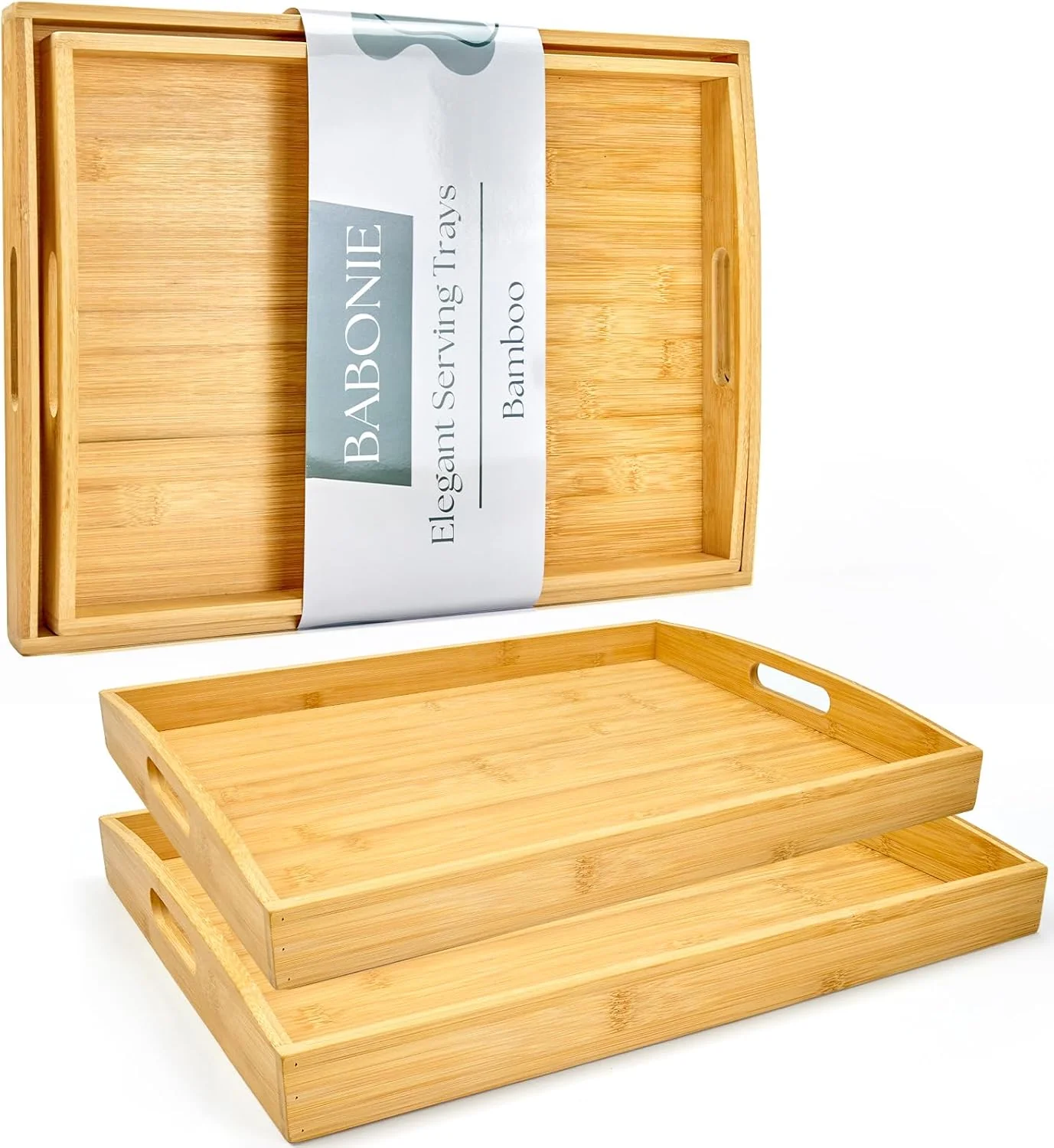 Sustainable Bamboo Serving Tray Set of 2 Bamboo Trays with Handles Decorative bamboo serving trays for serving storage kitchens living rooms bathrooms outdoor dining 17 × 13 amp 16 × 12 Original Design