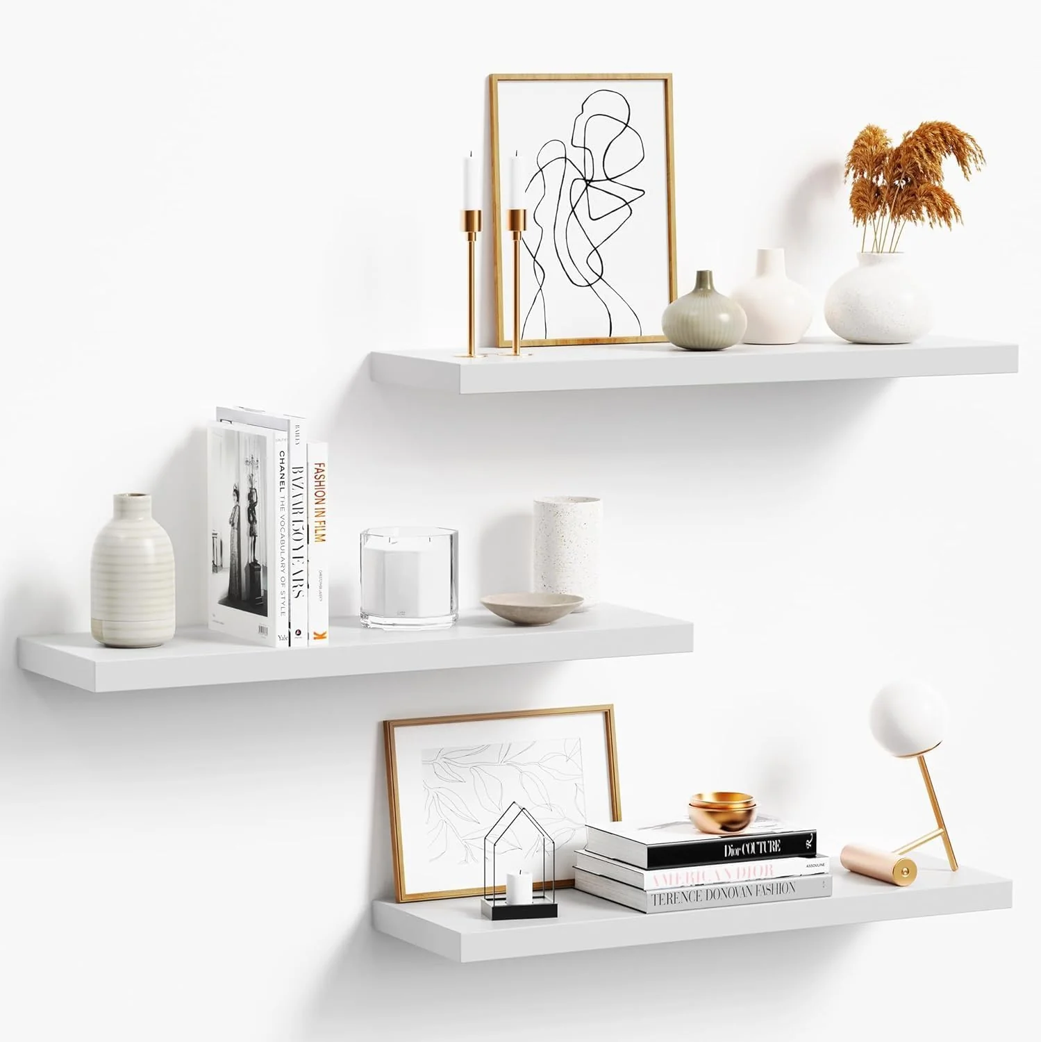 Durable 3-Pack 24 White Modern Wooden Floating Shelves Wall Mounted Set of 3 6.7 W x 24 L x 1 H 25lbs Load Capacity Each for Bathroom Kitchen Living Room Bedroom Trusted