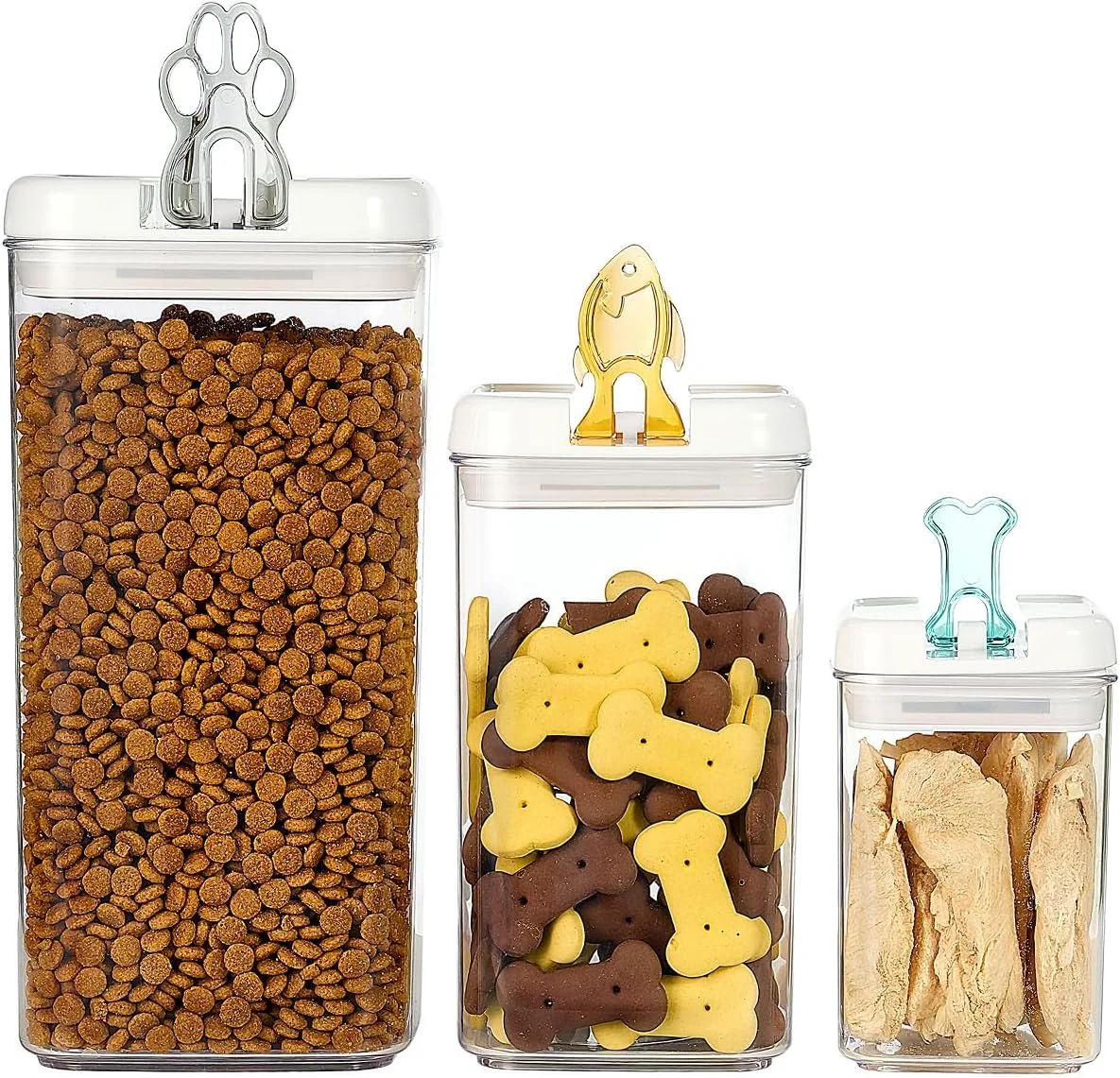 Reusable Felli Flip Tite Pet Food Container with Airtight Lids BPA Acrylic Canister with Paw Bone Fish Flip Top Handles for Cat Dog Kibble Treats Dependable