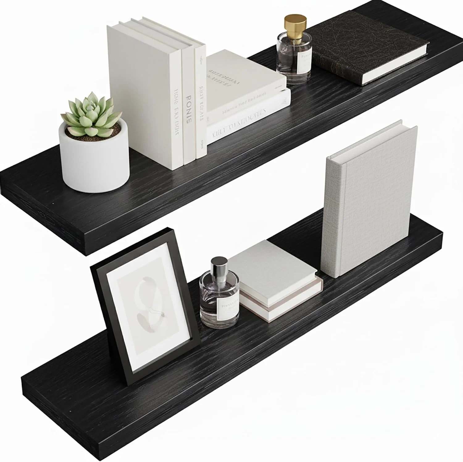 Selected Lufia Floating Wall Shelves Set of 2 MDF with Invisible Brackets Modern Storage for Bedroom Bathroom Living Room Kitchen Black Unique